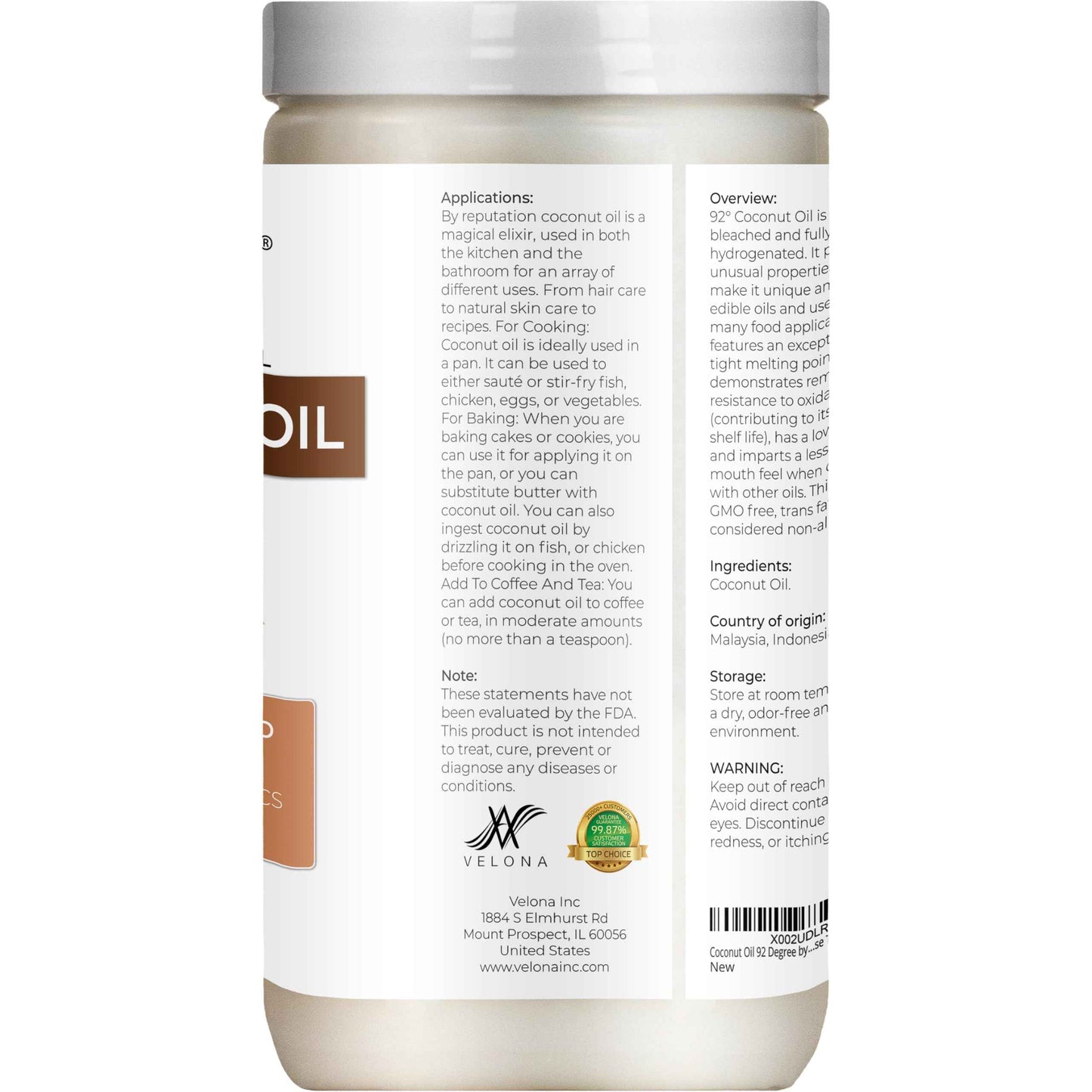 velona Coconut Oil 92 Degree 64 fl oz | 100% Pure and Natural Carrier Oil | in jar | Refined, Cold pressed | Skin, Face, Body, Hair Care | Use Today - Enjoy Results