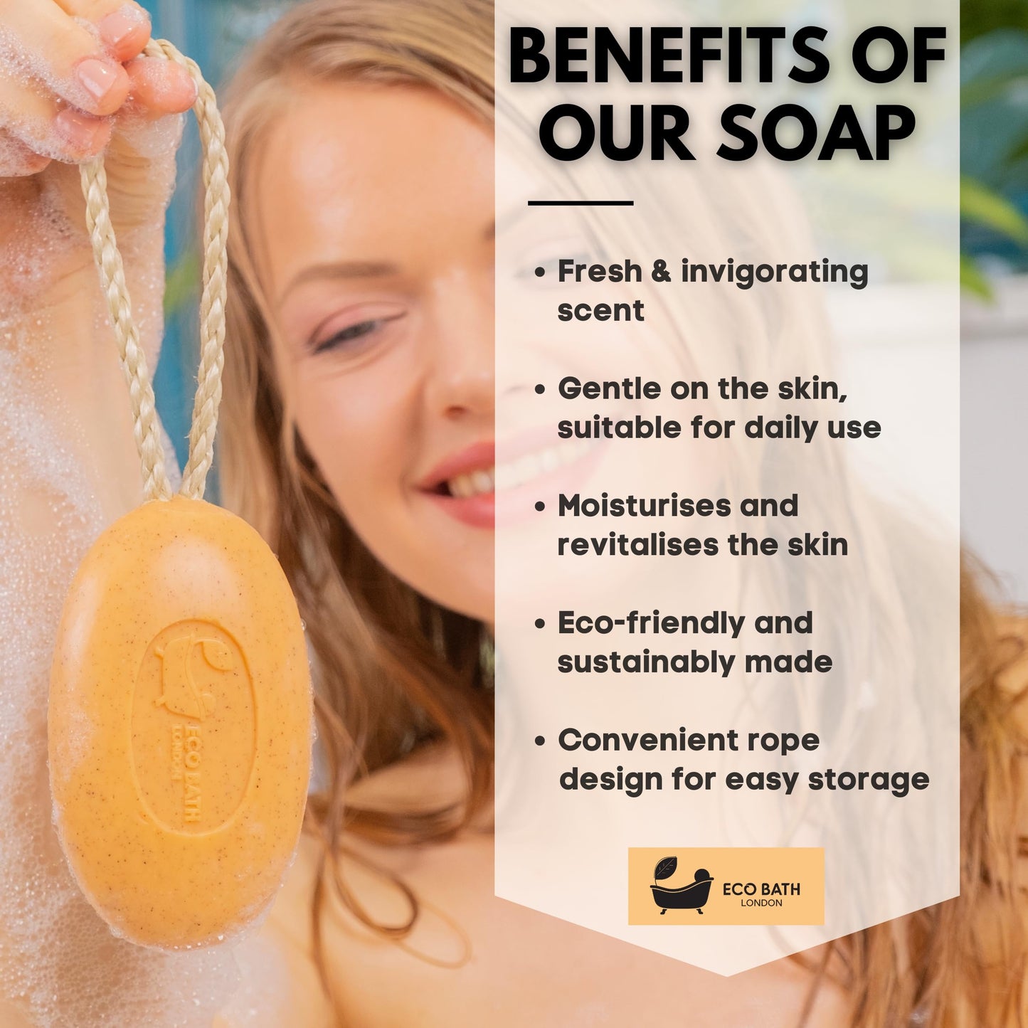 Eco Bath London Apricot Soap on a Rope 220g- Luxury Eco-Friendly Apricot Soap Bar, Scented Body Wash Bar with Shea Butter, Natural Shower Gel Bar for Smooth and Hydrated Skin