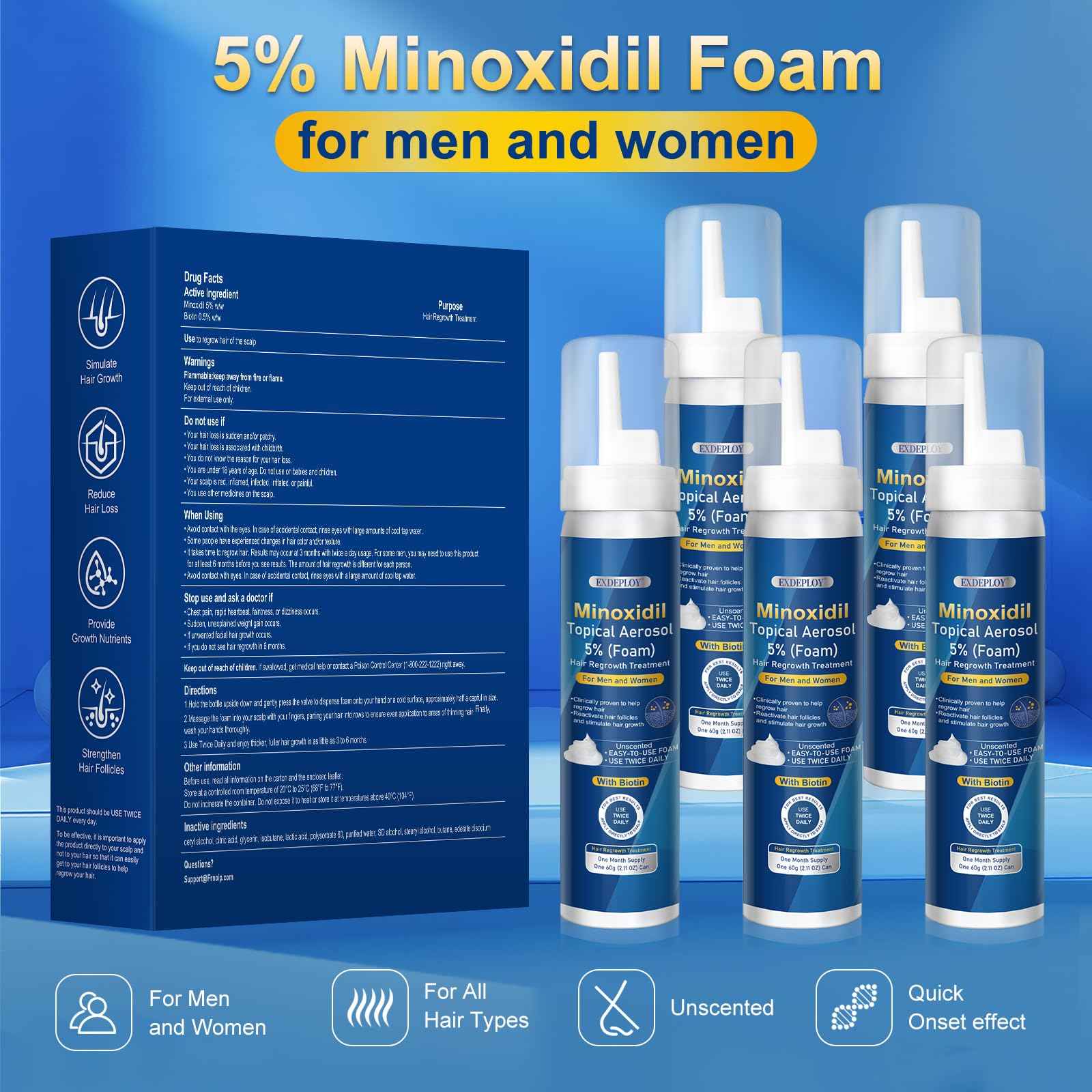 5% minoxidil foam for men-5pack， Infused with Biotin, Hair Growth Treatment, Supports Thicker and Fuller Hair & Beard (10.5oz, 5 Month Supply)