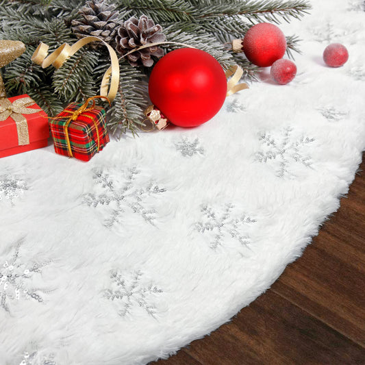 Voyoly Christmas Tree Skirt 72 Inch, Silver Snowflake White Christmas Tree Decorations Indoor Sequin Tree Collar Faux Fur Plush Rug Xmas Large Mat Decor Ornaments for 7.5ft-13ft Tree