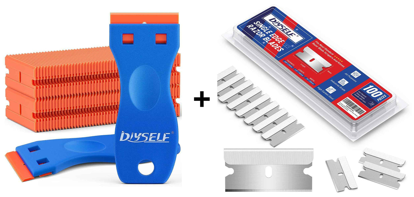 DIYSELF 2 Pack Plastic Razor Blade Scraper, 100PCS Plastic & Metal Razor Blades