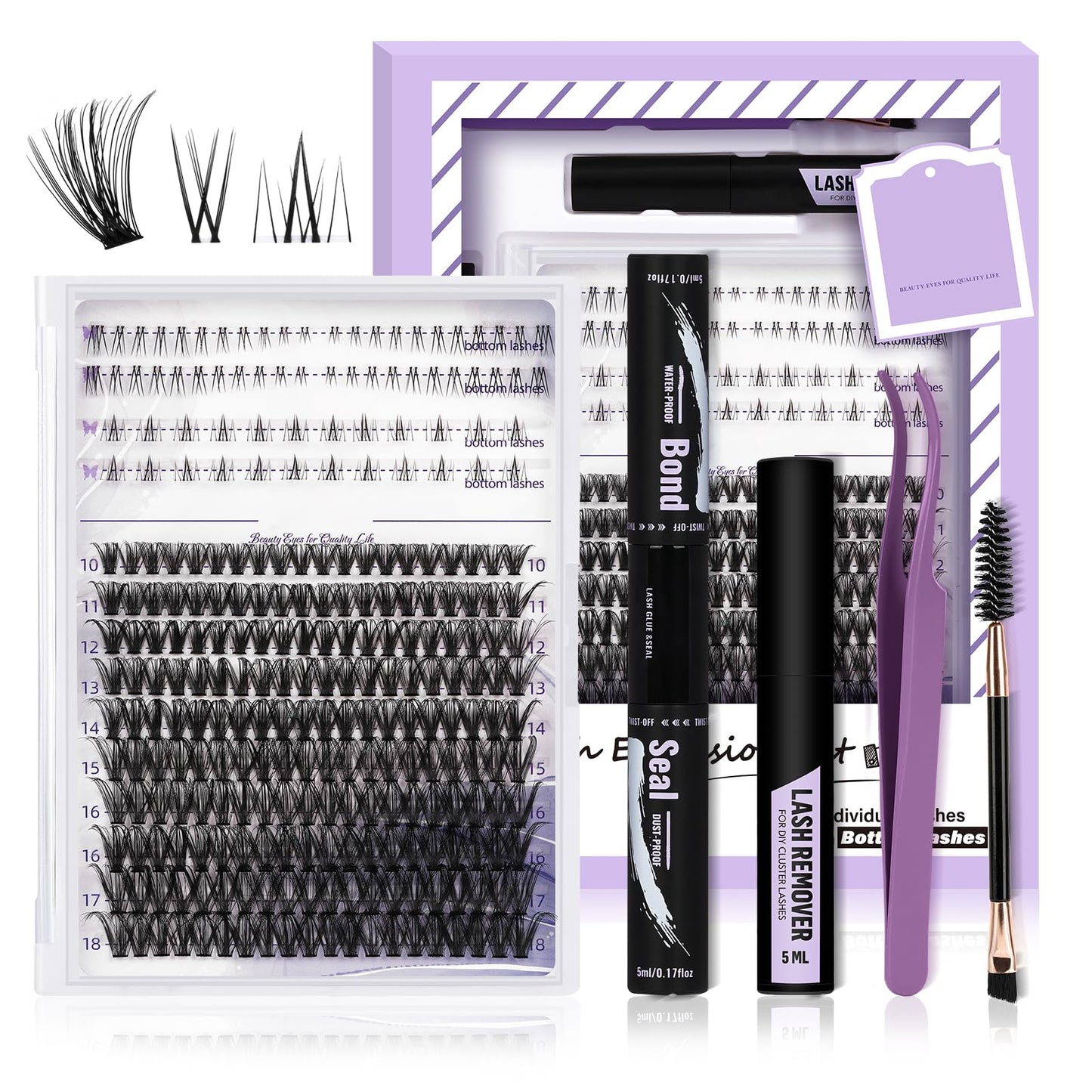 Eyelash Extension Kit with Bottom Lash Extension 10-18mm 30D D Curl Lash Clusters Kit with Bottom Lashes DIY Lash Extension Kit Bond and Seal Lash Applicator (Kit-30D-D-MIX10-18)