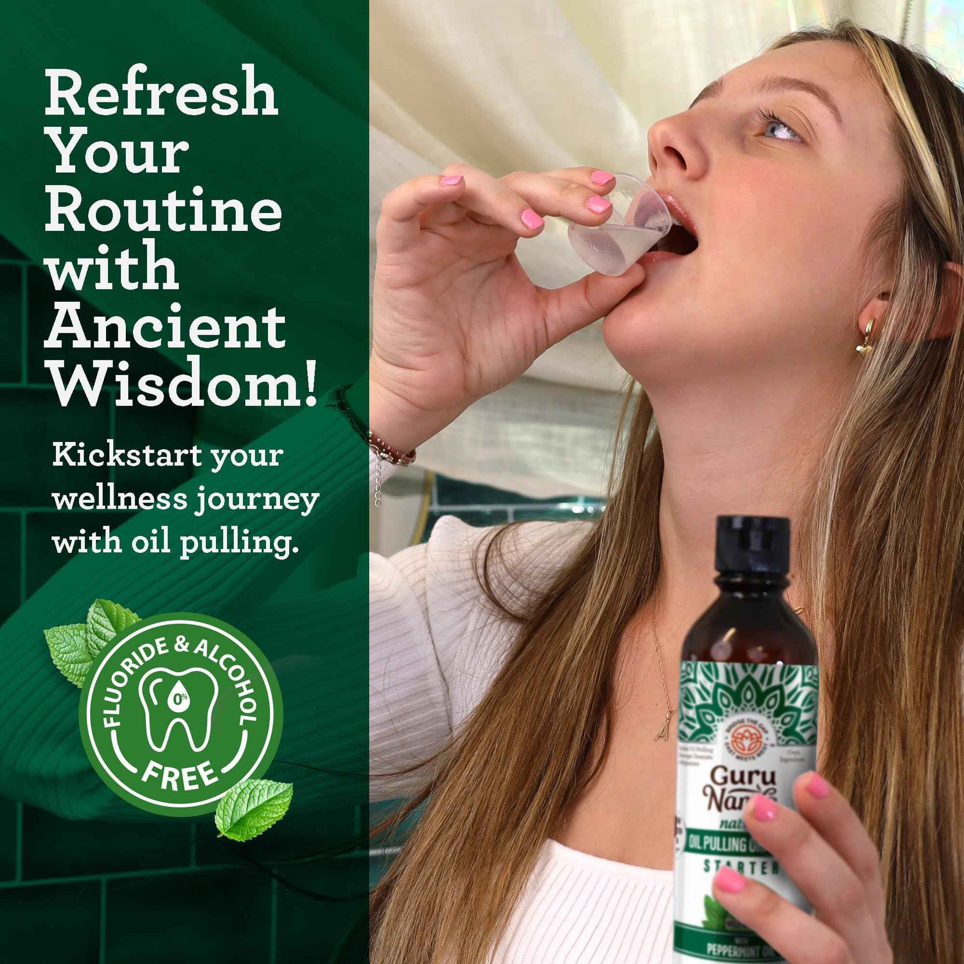 GuruNanda Starter Pulling Oil Mouthwash for Natural Teeth Whitening, Coconut and Peppermint Oil for Fresh Breath & Happy Gums, with Tongue Scraper, Alcohol-Free, 2X8 Oz