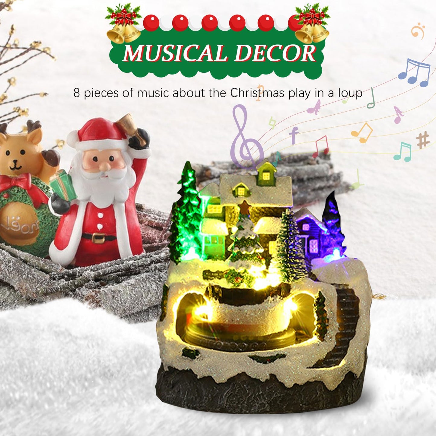 Christmas Village House Made of Resin, Christmas Snow House Electric Musical Light Up House with Spinning Train & 8 Music & LED Light for Christmas Decorations Indoor (Christmas Tree)