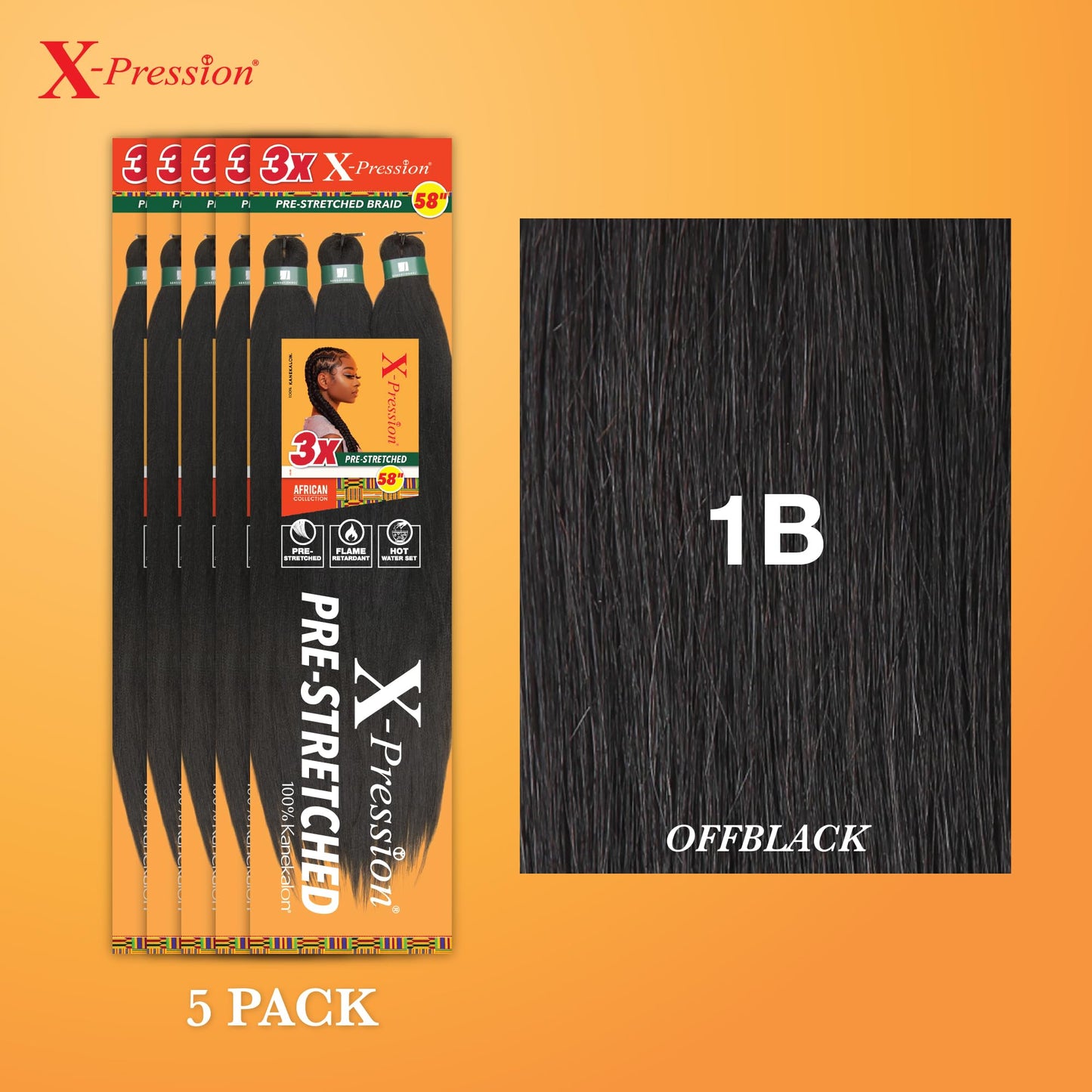 Sensationnel Xpression prestretched braiding hair - 3x xpression 58inch kanekalon fiber flame retardant smooth yaki braid - 3x x-pression 58 inch (5 pack, 1B OFFBLACK)