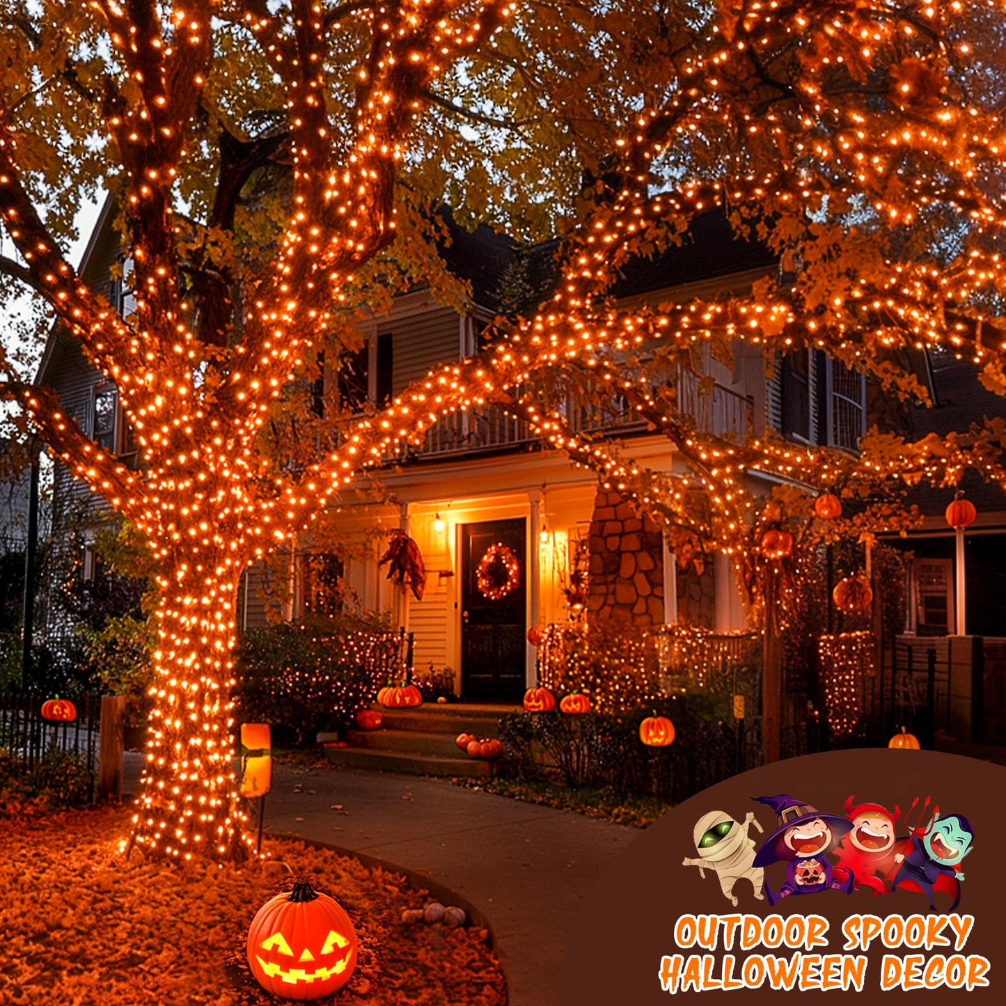 JMEXSUSS 600 LED Orange Solar Halloween Lights, 206.7 ft Solar String Lights Outdoor Waterproof, 8 Modes Orange Halloween Lights for Outside Tree Patio Bushes Halloween Decorations