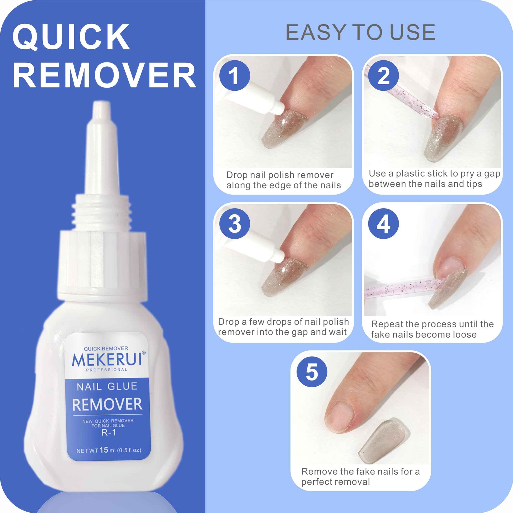 Mekerui Nail Glue & Remover Kit - 30+ Days Long-Lasting Gel, No UV Light Needed, Dropper-Type Quick Removal (G1 & R1 Professional Bundle)