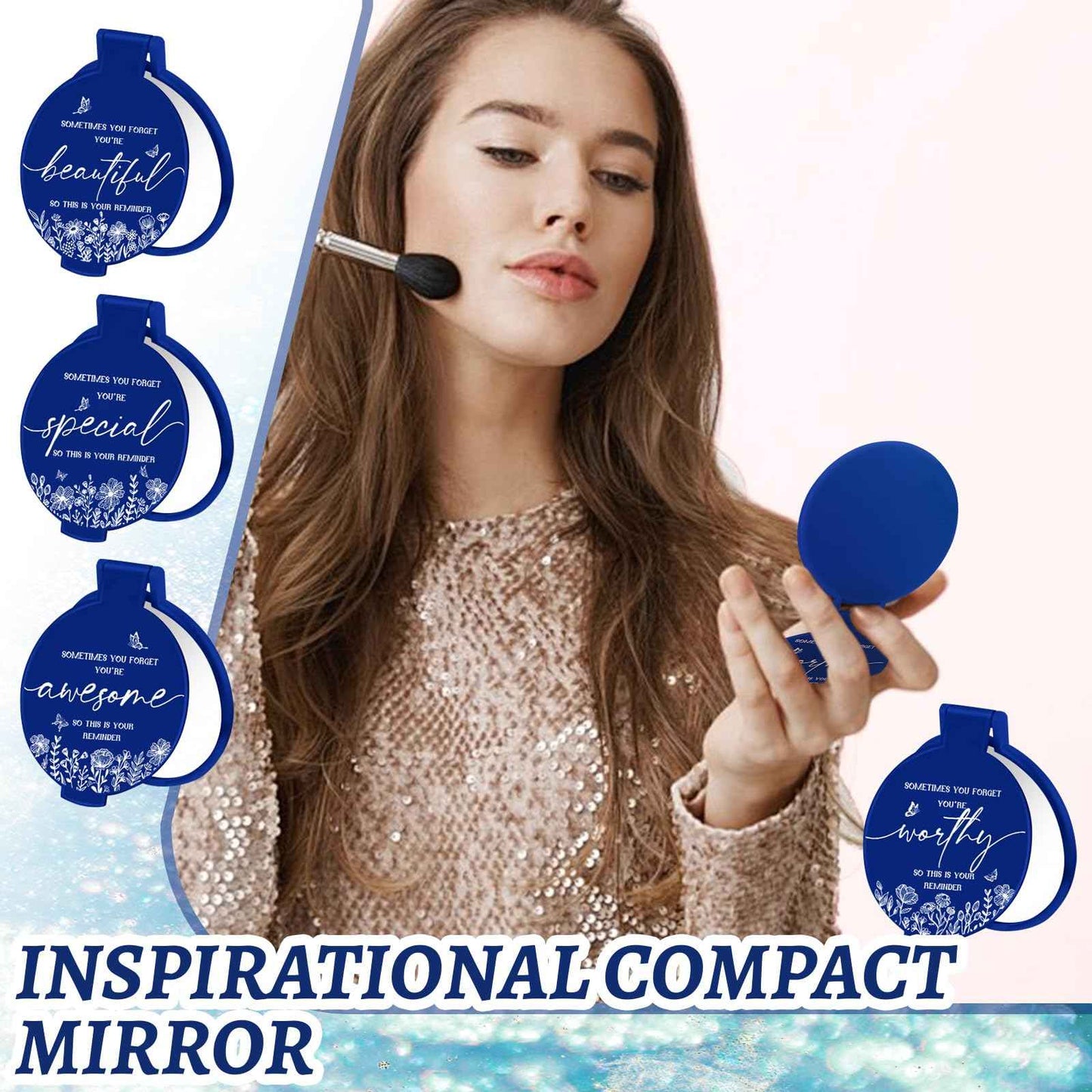 HSDSH 100 Pcs Inspirational Compact Mirror Bulk Small Pocket Mirror Purse Round Portable Folding Makeup Mirror Thanksgiving for Women Coworker Employee Teacher(Blue)