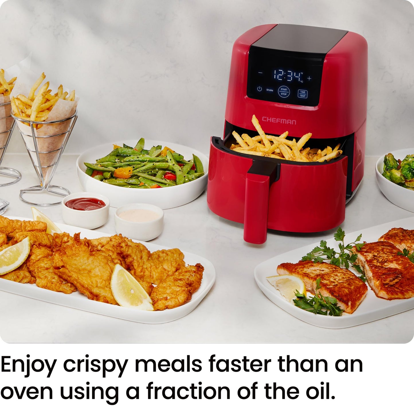 CHEFMAN 2 Qt Mini Air Fryer – Digital Space-Saving Compact Air Fryer with Nonstick and Dishwasher Safe Basket, Quick & Easy Meals in Minutes, Features Digital Timer and Shake Reminder – Red