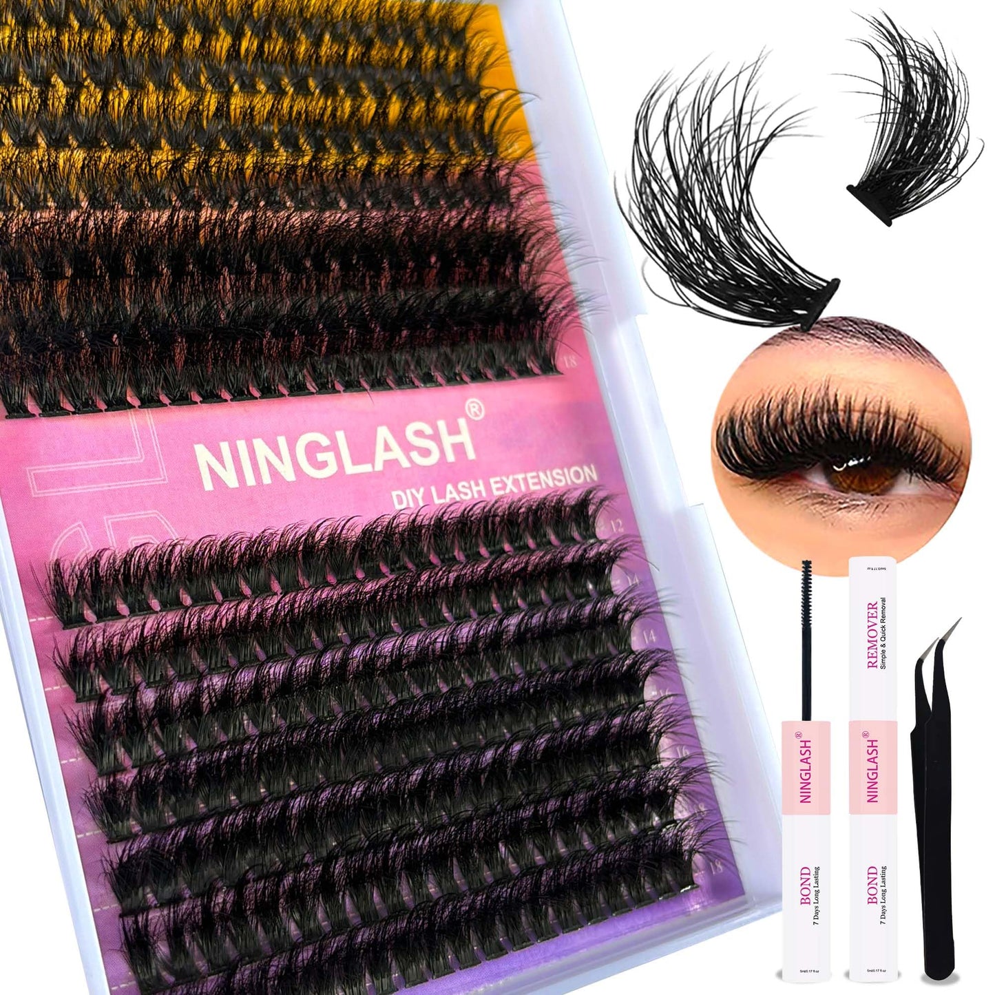 Lash Clusters Fluffy NINGLASH 100D 200D DIY Lash Extension Kit with Lash Bond, Lash Remover, Lash Applicator, Volume 280 Pcs Cluster Eyelashes Extension Individual Eyelashes Kit Thick Eyelash 12-18mm