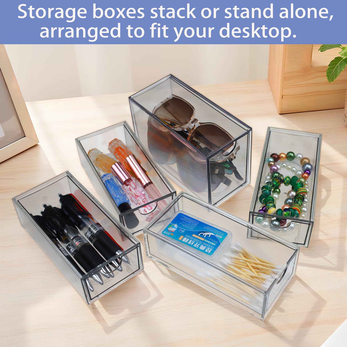 Stackable Storage Drawers Set of 5 Acrylic Storage Drawers Clear Plastic Stackable Organizer Bins for Makeup, Cosmetics,Beauty Supplies,Ideal for Vanity, Bathroom,Cabinet,Pantry Organization