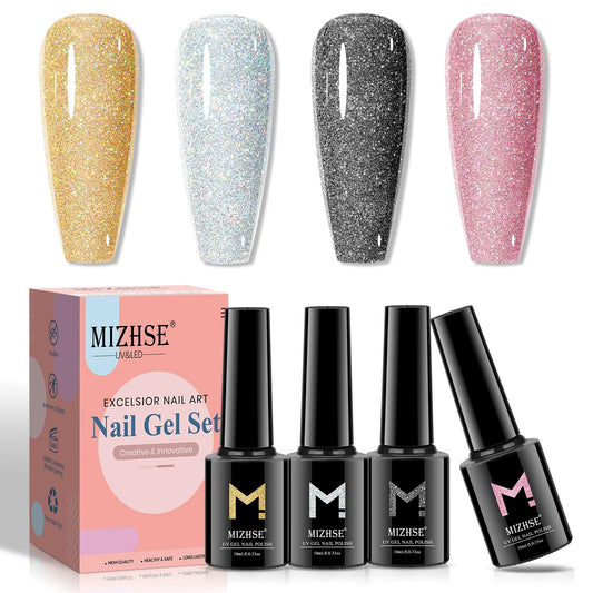 MIZHSE Gel Nail Polish 4 Color Silver Gold Black Pink, Glitter Gel Polish Soak Off UV LED Nail Art for Home Salon Starter Manicure Set for Ladies 10ml