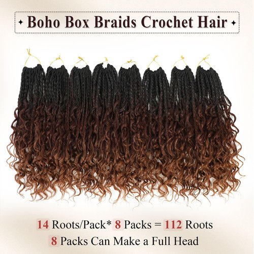Boho Box Braids Crochet Hair 8 Packs Boho Crochet Braids Pre Looped 1B/33/30 Goddess Box Braids Crochet Hair for Black Women 10 Inch Boho Braids Crochet Hair Extension