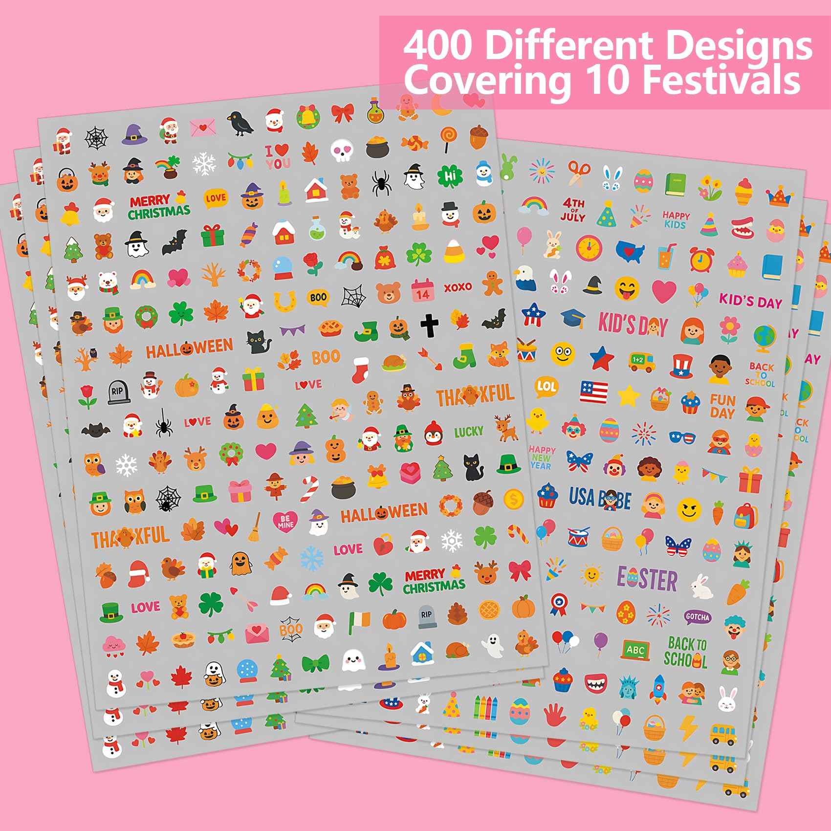 IDDFEVE Mini Nail Stickers for Kids - 1200 Pcs All Holiday Favors for Little Girl, 11 Holidays 3D Cute Halloween, Christmas Designs - DIY Home Nail Art Decals for Toddler Easter Basket (6 Sheets)