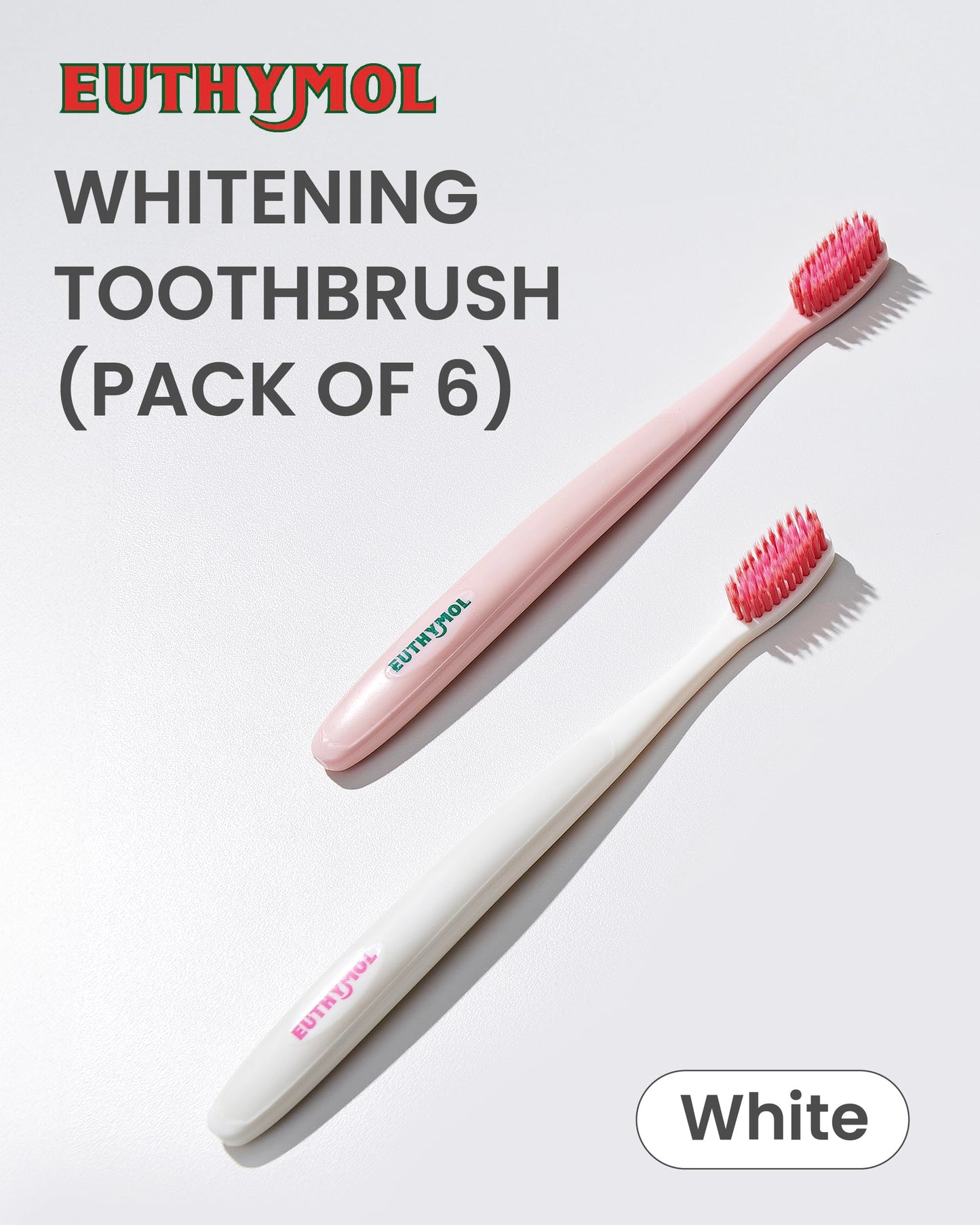 Euthymol Whitening Toothbrush (White, 6 Count) - Premium Soft Dual-Tension Bristles. Advanced Plaque Removal, Stain Reduction.