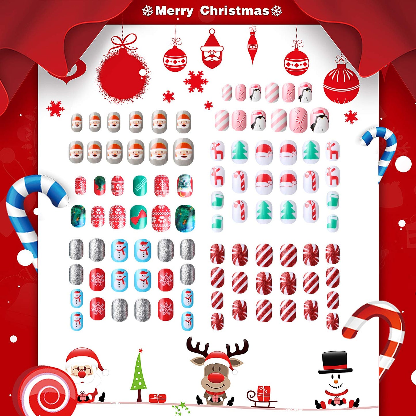 120 Pieces Girls Press on Nails Fake Nails Artificial Nails Children Full Cover Short False Fingernails for Girls Kids Nail Design Decoration (Merry Christmas)