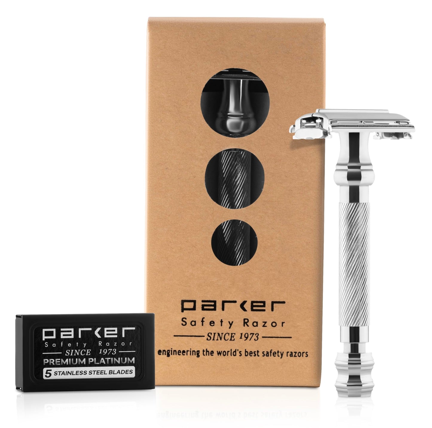 Parker 99R Chrome Long Handle Heavyweight Butterfly Open Double Edge Safety Razor for Men, 5 Parker Premium Platinum Double Edge Razor Blades Included