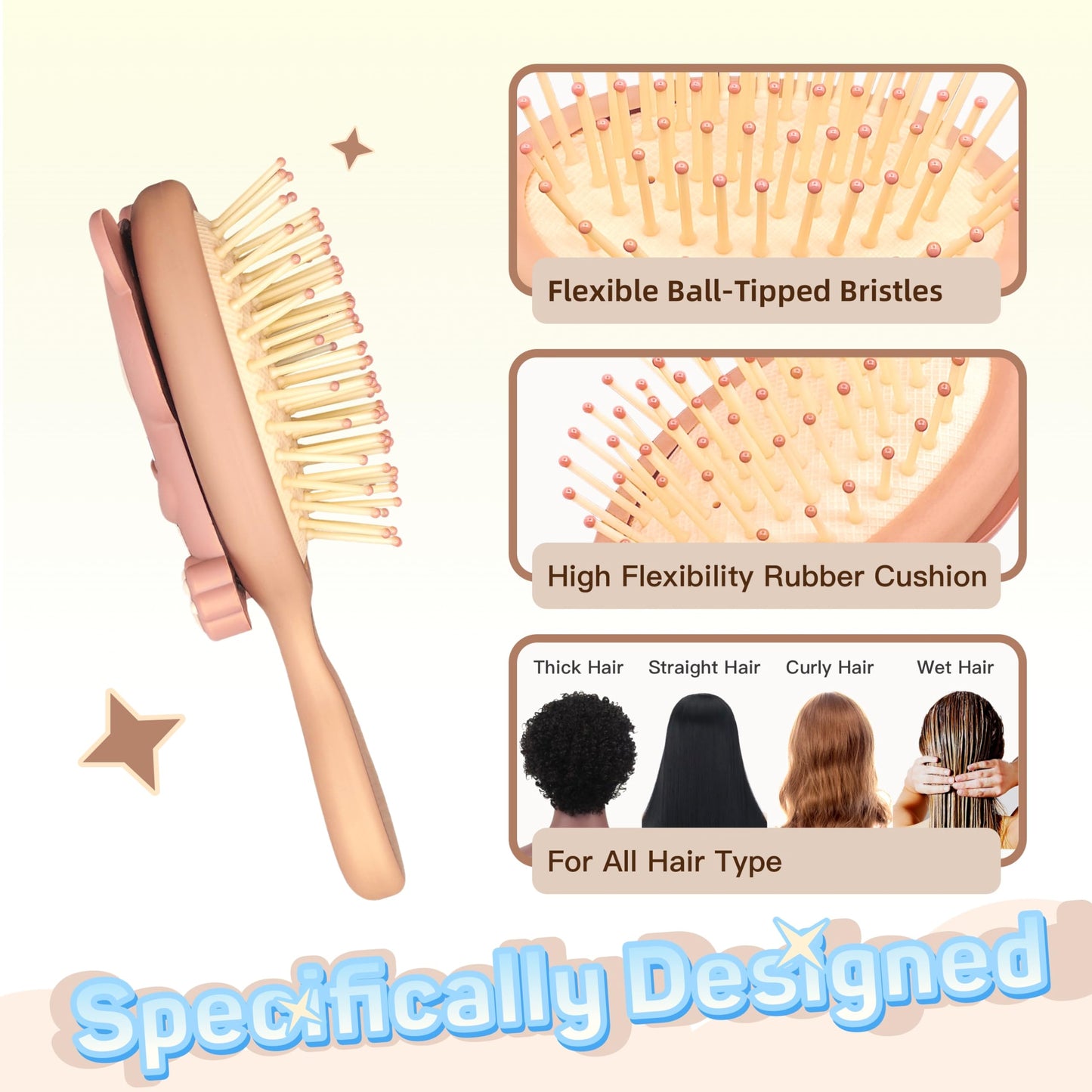 Stanoha Hair Brush Detangler Wet Hairbrush Detangling Women Mini Travel Small Toddler Kids Little Girls Cute Kawaii Brown Curly Straight Thick Thin Hair Untangle Portable Purse Pocket Paddle Brushes