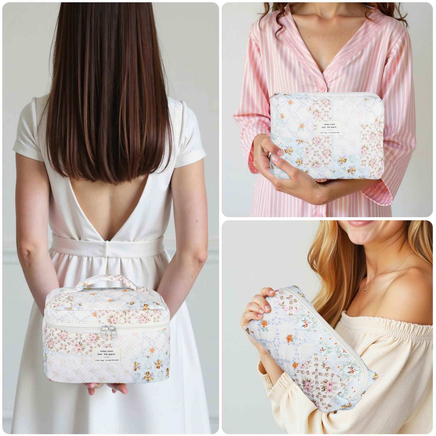 TESAFNG Quilted Makeup Bag Set - 3 PCS Cute Floral Cotton Makeup Bag, Large Coquette Aesthetic Make up Cosmetic Bag, Flower Travel Toiletry Organizer Bags for Women Girls