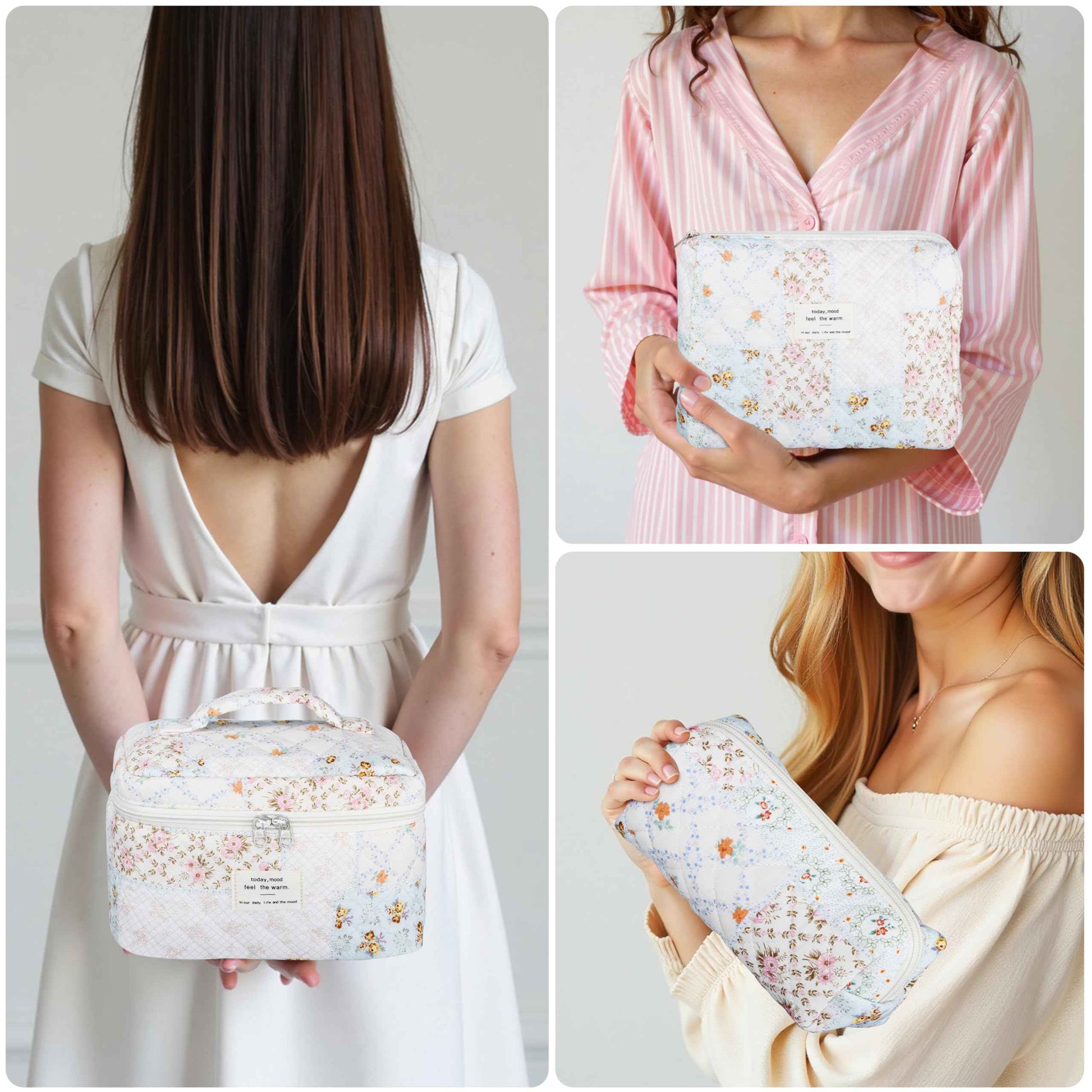 TESAFNG Quilted Makeup Bag Set - 3 PCS Cute Floral Cotton Makeup Bag, Large Coquette Aesthetic Make up Cosmetic Bag, Flower Travel Toiletry Organizer Bags for Women Girls