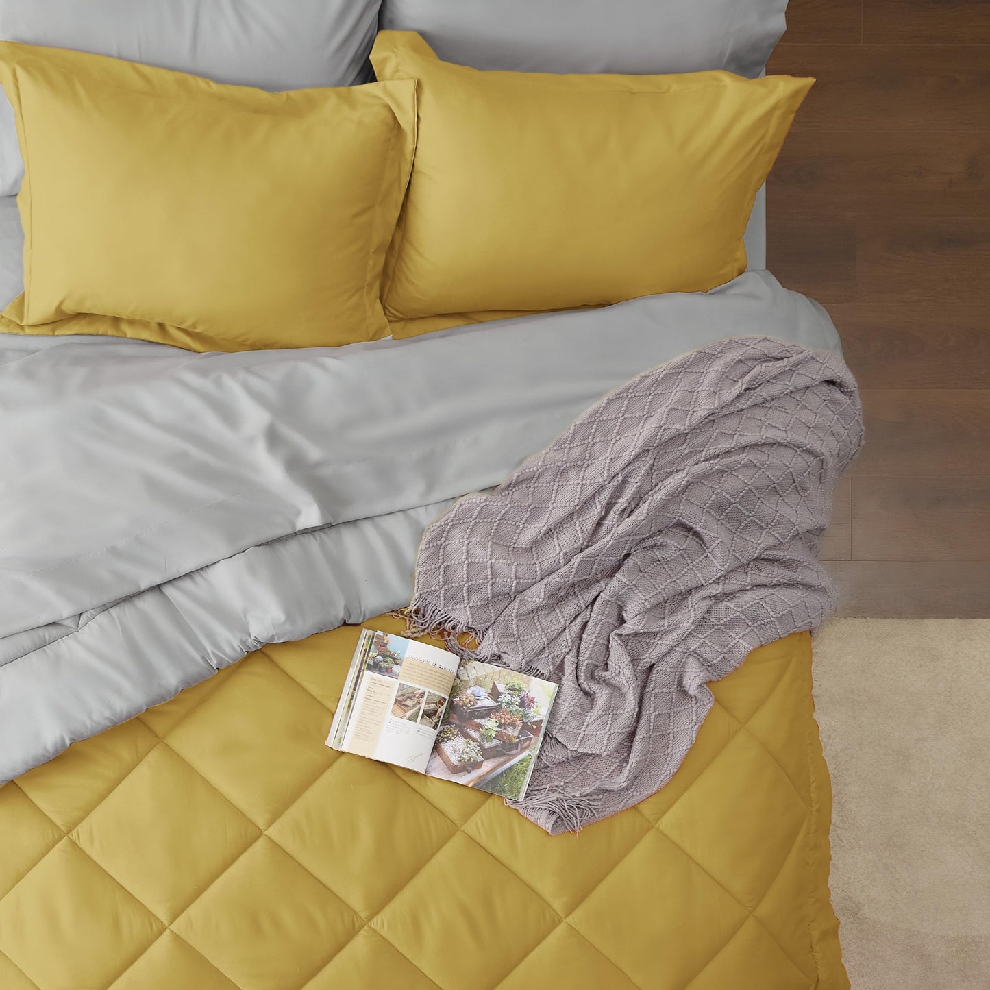 Bedsure Mustard Yellow Twin Comforter Set - 5 Pieces Reversible Twin Bed in a Bag for College, Extra Long Twin Bed Set Mustard Yellow and Grey with Comforters, Sheets, Pillowcase & Sham