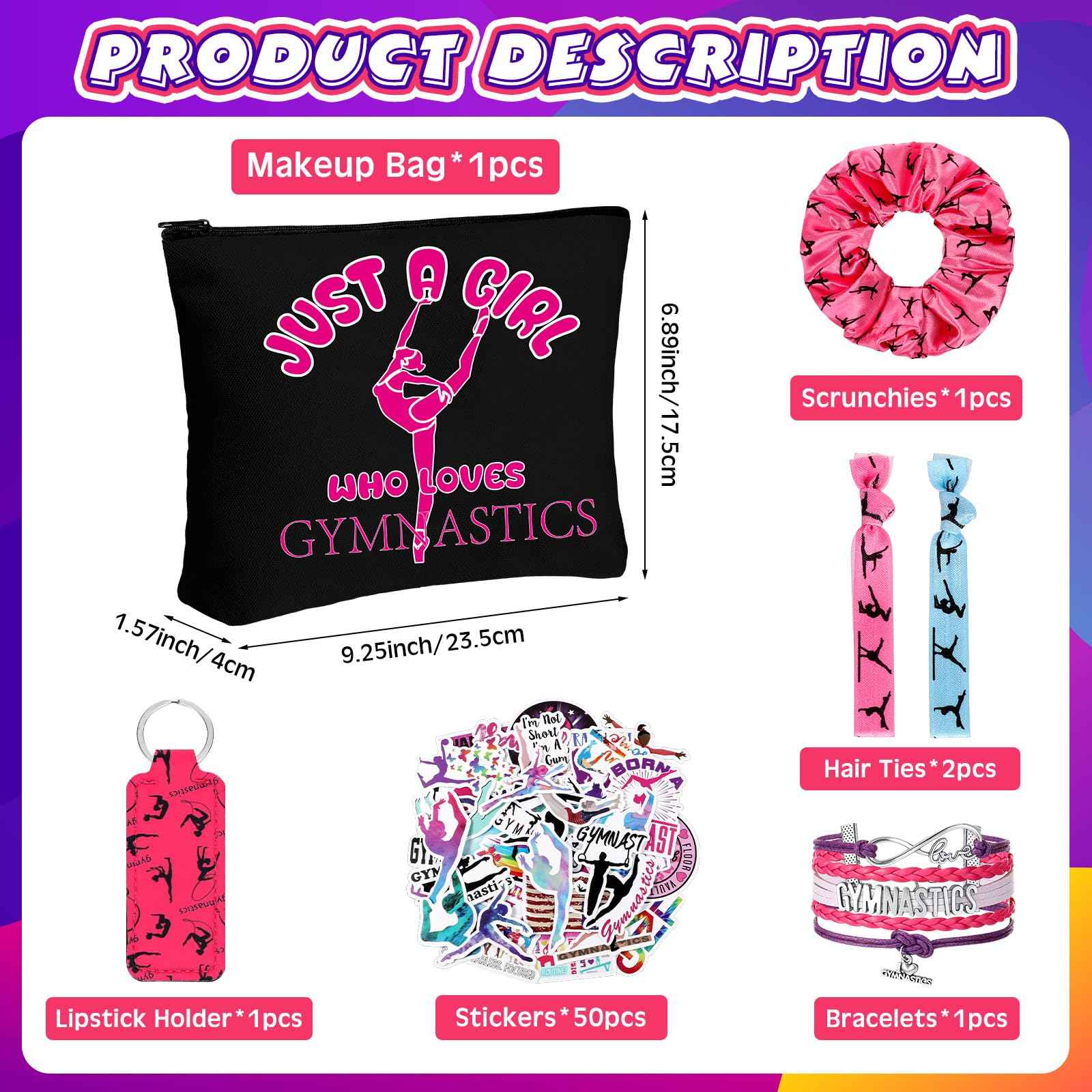 Seenelling 56 Pcs Gymnastics Stuff Inspirational Gifts for Players Teams Cosmetic Bag Women Hair Ties Sport Lovers Gifts for Birthday Sport Party Favors (Just a Girl)
