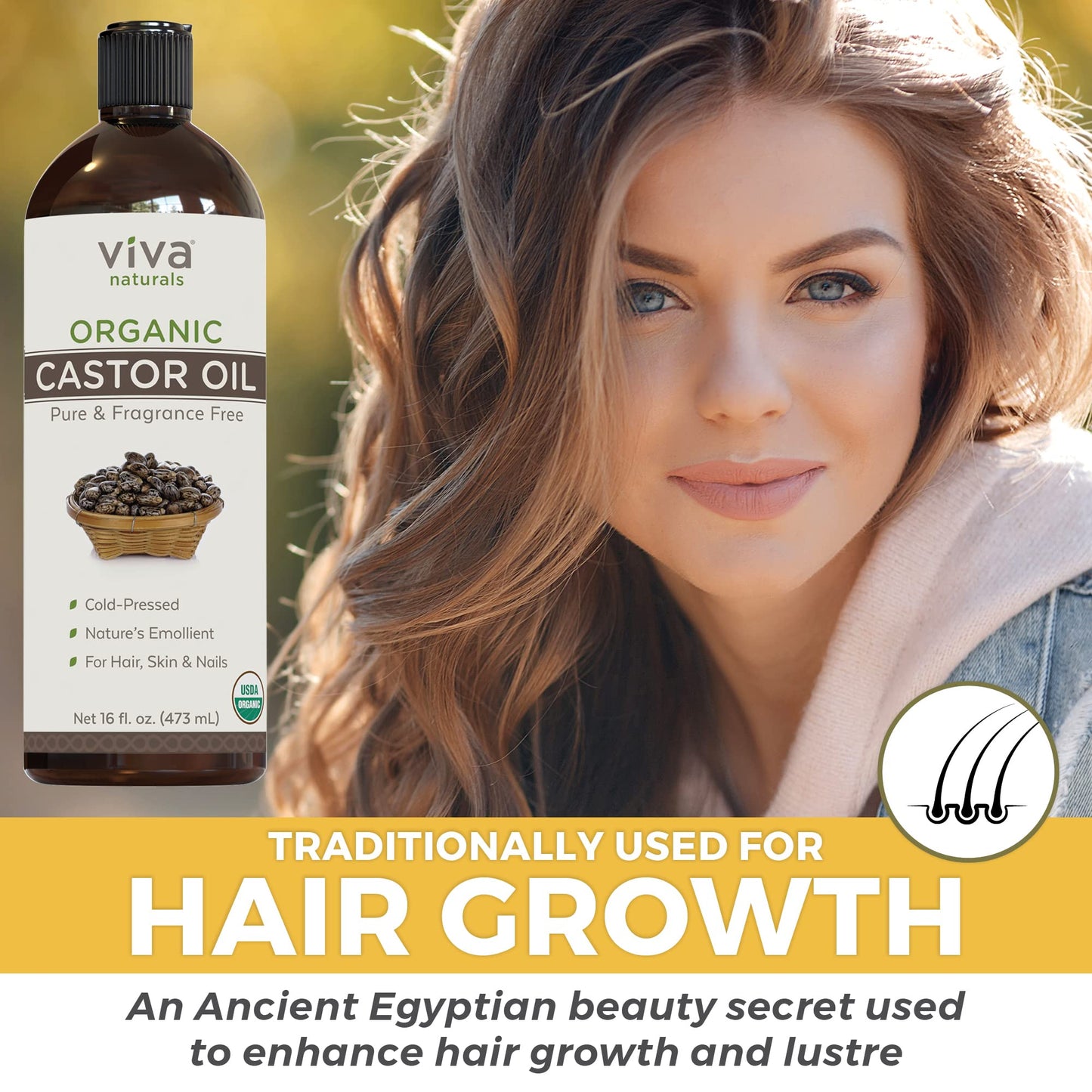 Viva Naturals Organic Castor Oil, 16 fl oz - Cold Pressed Castor Oil for Skin, Hair and Lashes - Traditionally Used to Support Hair Growth - Certified Organic & Non-GMO - Includes Beauty Kit