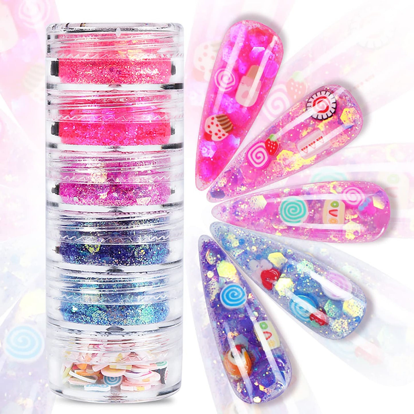 12 Colors Hexagon Nail Glitter Flakes Holographic Chunky Glitter Shiny Mermaid Nail Sequins Charms Craft Glitter Powder Flakes with 3D Fruit Slices for Women Girls Nail Art