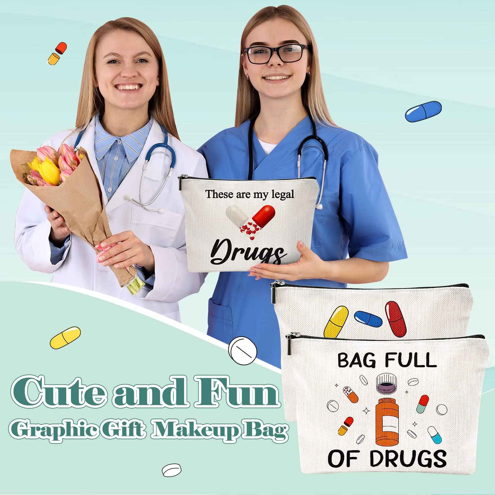 Hillban 4 Pcs Funny Medicine Bag Nurse Practitioner Gifts for Women Medicine Storage Pill Bag Travel Makeup Cosmetic Medication Bag Cute Zipper Pouch for Teens Patient Birthday Gifts