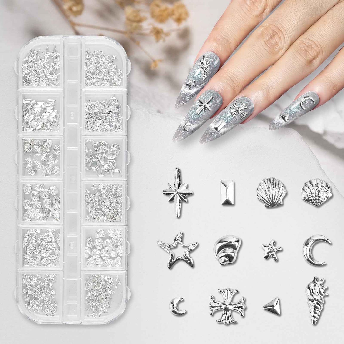 Madenia 600PCS 3D Nail Charms - Gold Silver Star Moon Shell Nail Gems DIY Crafts, Y2K Punk Metal Alloy Rivet Nail Studs for Nail Art Decorations Accessories
