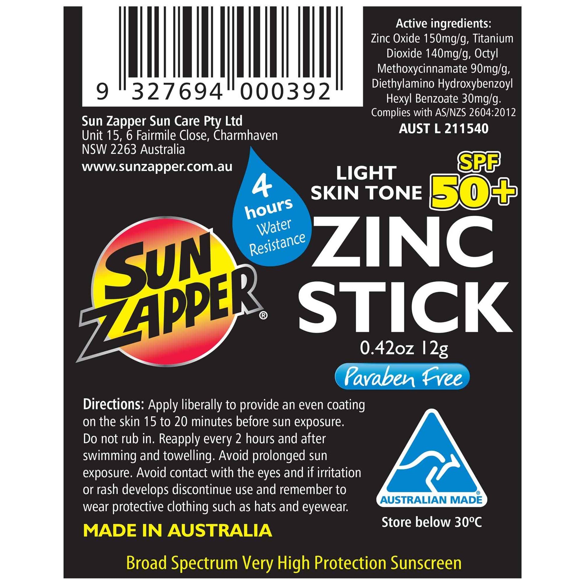 Sun Zapper Zinc Oxide Sunscreen Stick SPF 50+ Light Skin Tone – 4-Pack (0.42 oz each) – Water-Resistant Mineral Sunblock with Vitamin E & Aloe Vera – Made in Australia