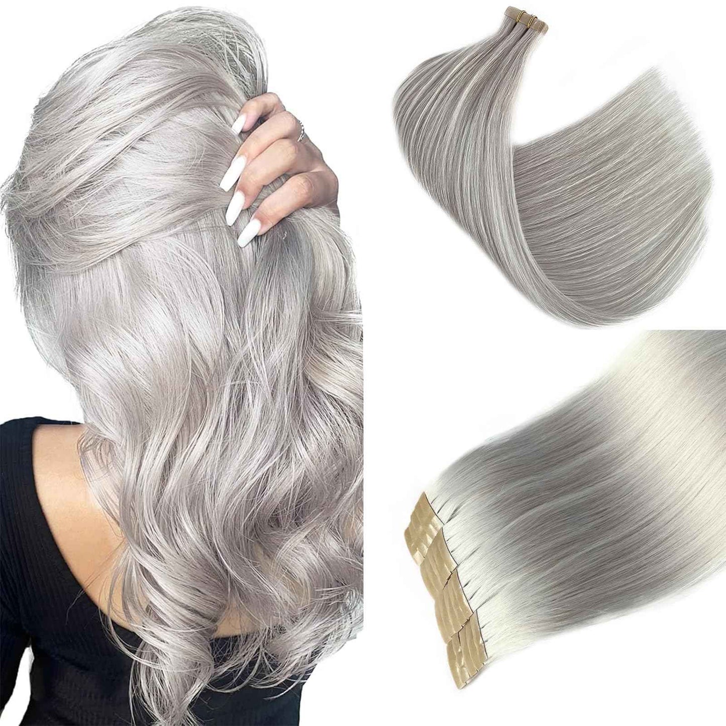 Platinum Silver Invisible Seamless Tape in Hair Extensions Human Hair 16inch Silver Grey Double Sided Pu Hair Extensions Tape ins Human Hair for Women 50g/Pack