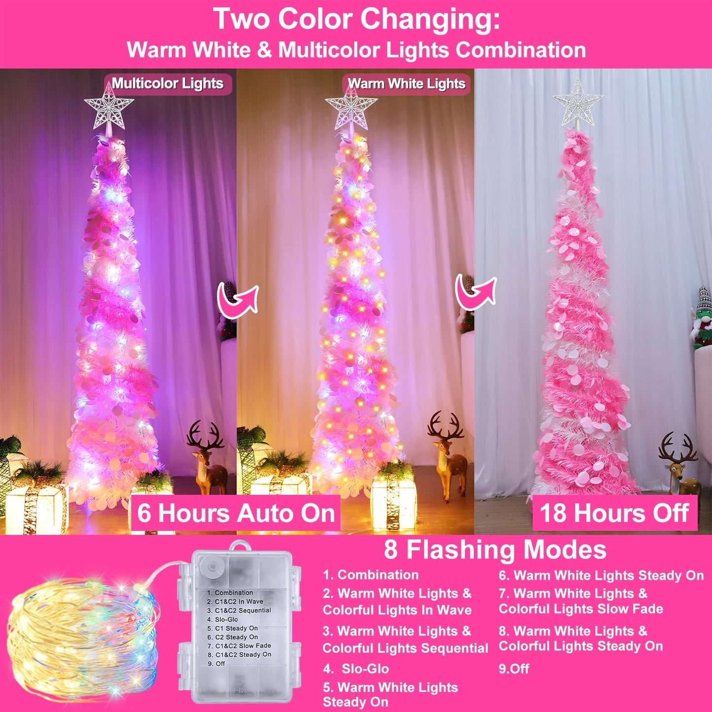 TURNMEON Dual Color Change&Timer 5 Ft Pop Up Christmas Tree, 8 Modes 50 Warm Lights&Colored Lights Star, Glitter Slim Tinsel Pencil Christmas Tree Battery Operated Xmas Tree Indoor Home(Pink White)