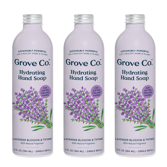 Grove Co. Hydrating Gel Hand Soap Refills (3 x 13 Fl Oz) Plastic-Free Liquid Hands Cleaner Refill Set, Leaves Hands Soft and Clean, 100% Natural Lavender Blossom & Thyme Fragrance