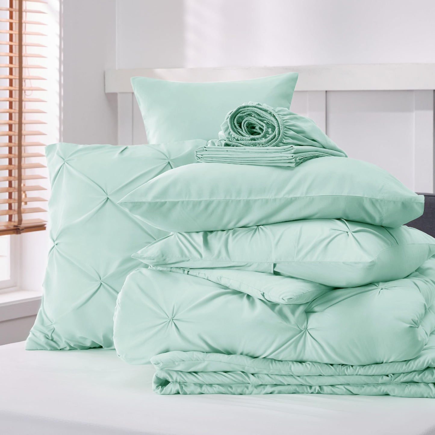 Bedsure Twin Comforter Set with Sheets - 5 Pieces Twin Bedding Sets, Pinch Pleat Mint Green Twin Bed in a Bag with Comforter, Sheets, Pillowcase & Sham