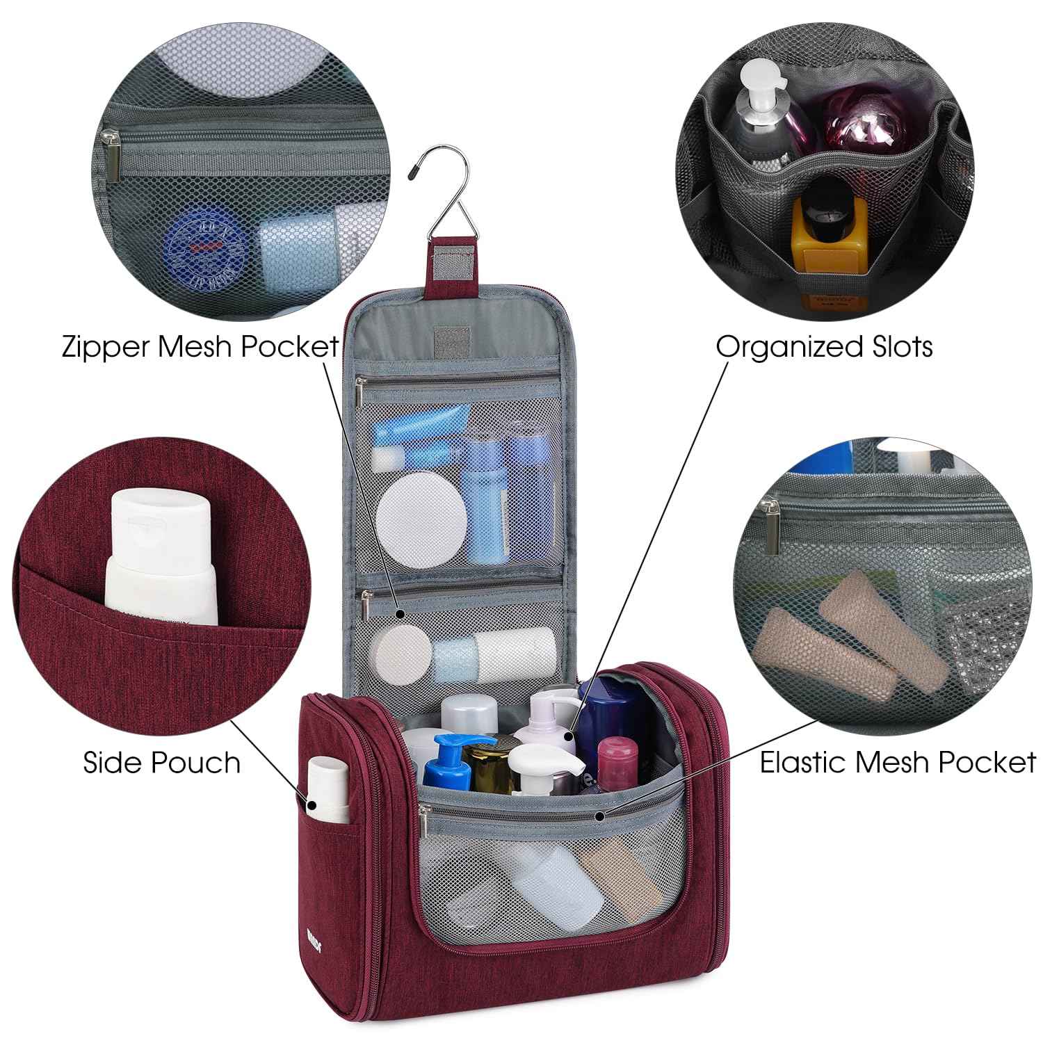 WANDF Large Hanging Toiletry Bag Travel Cosmetic Makeup Organizer Water-Resistant Shower Bathroom Bag for Women and Men (Red)