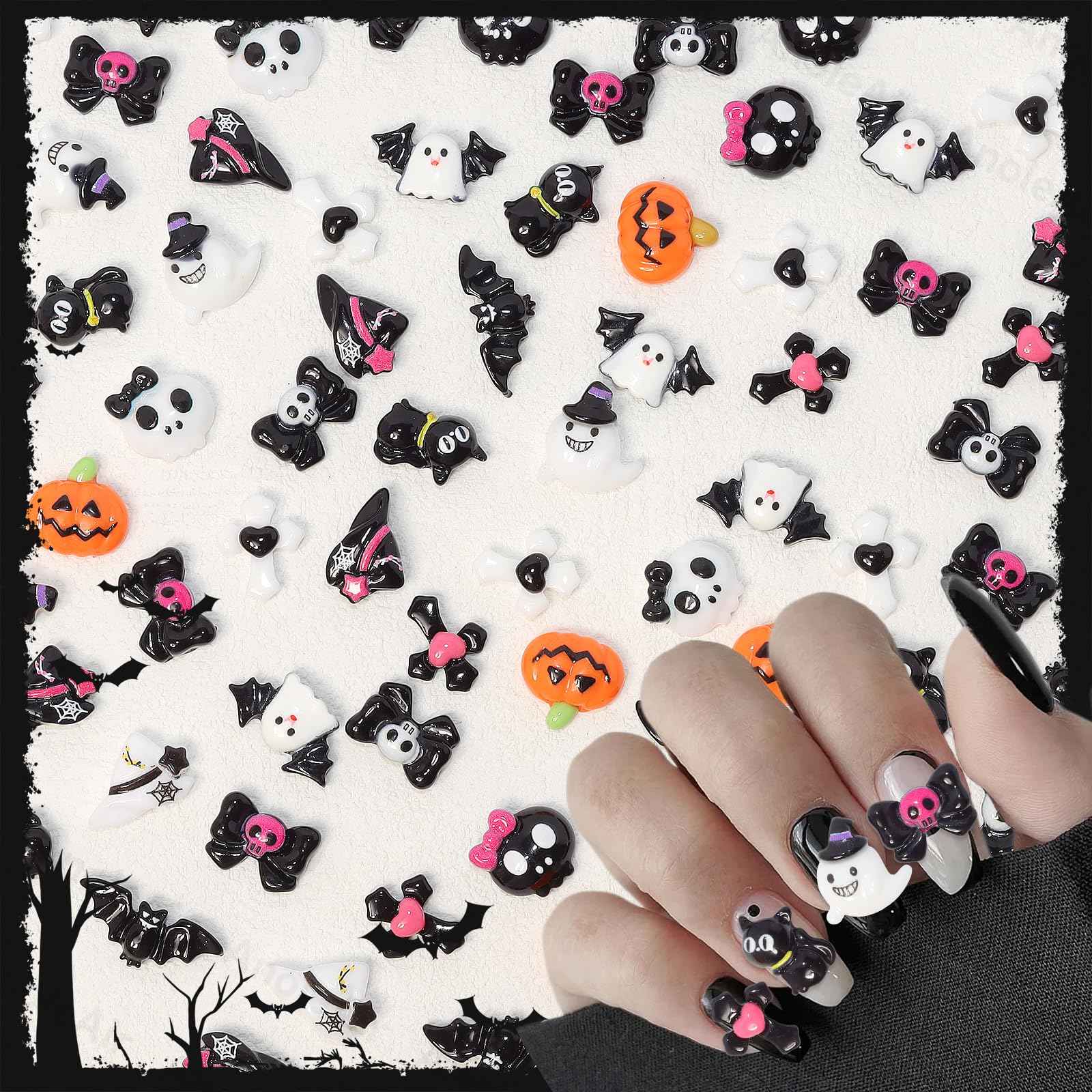 Halloween Resin Charms, 3D Vintage Punk Spider Skull Pumpkin Ghost Bat Nail Art Charms, Halloween Gothic Mini Figurines Charm for Nail Art Supplies DIY Crafts Accessories