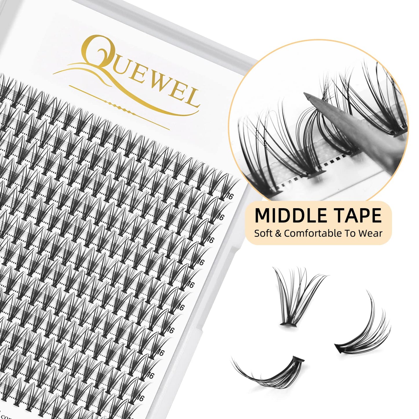 QUEWEL Cluster Lashes 240Pcs Individual Lashes 20D 0.07C Curl 16mm Knot-Free Lash Extensions Clusters Lashes Soft&Natural False Eyelashes Individual DIY Eyelash Extension at Home(20D 0.07C 16)