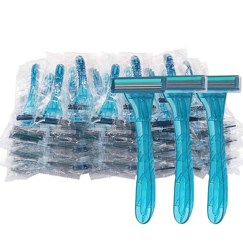 100 Pack Disposable Razors Individually Wrapped, Razors Bulk, Twin Stainless Steel Blade Razors for Hotel, Travel, Airbnb, Homeless (Blue)