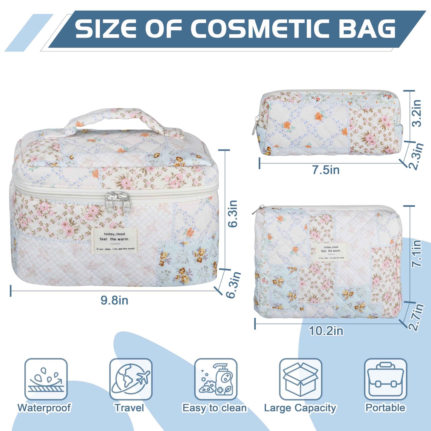 TESAFNG Quilted Makeup Bag Set - 3 PCS Cute Floral Cotton Makeup Bag, Large Coquette Aesthetic Make up Cosmetic Bag, Flower Travel Toiletry Organizer Bags for Women Girls