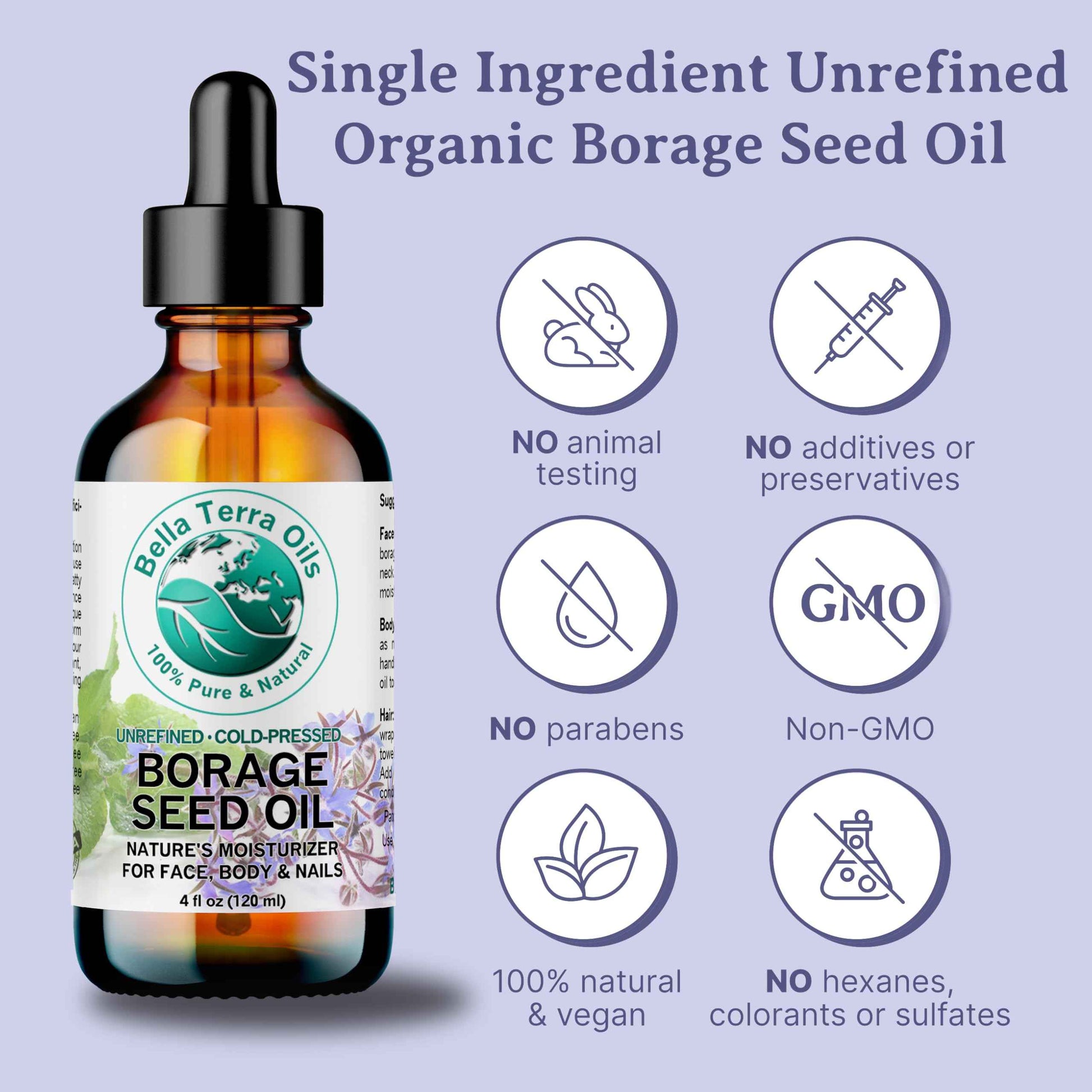 Bella Terra Oils - Organic Borage Seed Oil 4 oz - Rich in GLA, Pure & Untouched, Abundant in Omega-6 Fatty Acids, Elevate Skin's Natural Radiance & Softness