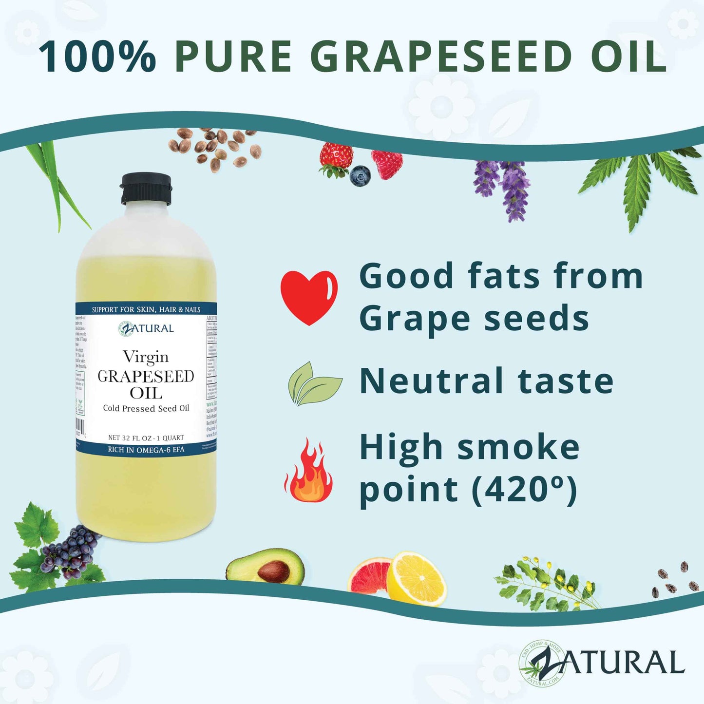 Zatural Grapeseed Oil Naturally Grown 100% Pure Cold Pressed Virgin High Tempurature Cooking Oil (32oz)