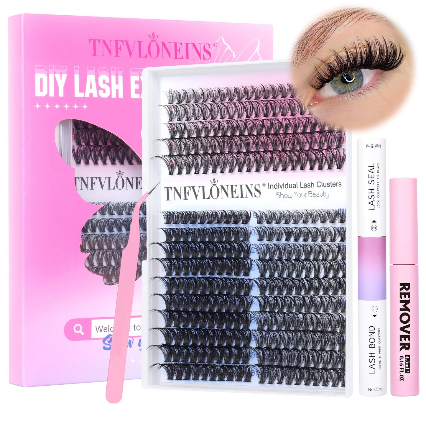 DIY Lash Extension Kit 300pcs Lash Clusters D Curl Eyelash Extension Kit 9-16MM Individual Lashes Kit Bond and Seal,Lash Remover and Eyelash Application Cluster Lashes Kit by TNFVLONEINS (30D+40D+50D)