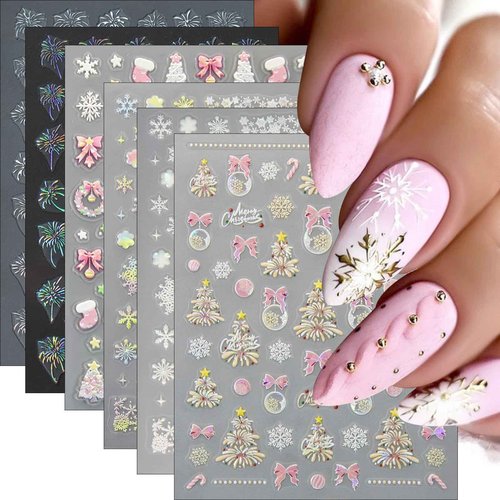 6Sheets Christmas Nail Art Stickers Snowflake Christmas Tree Nail Decals with Colorful Snowflake Pink Xmas Tree Snowball Firework Bow Nail Design DIY Christmas Nail Supplies Nail Decor for Women Girls