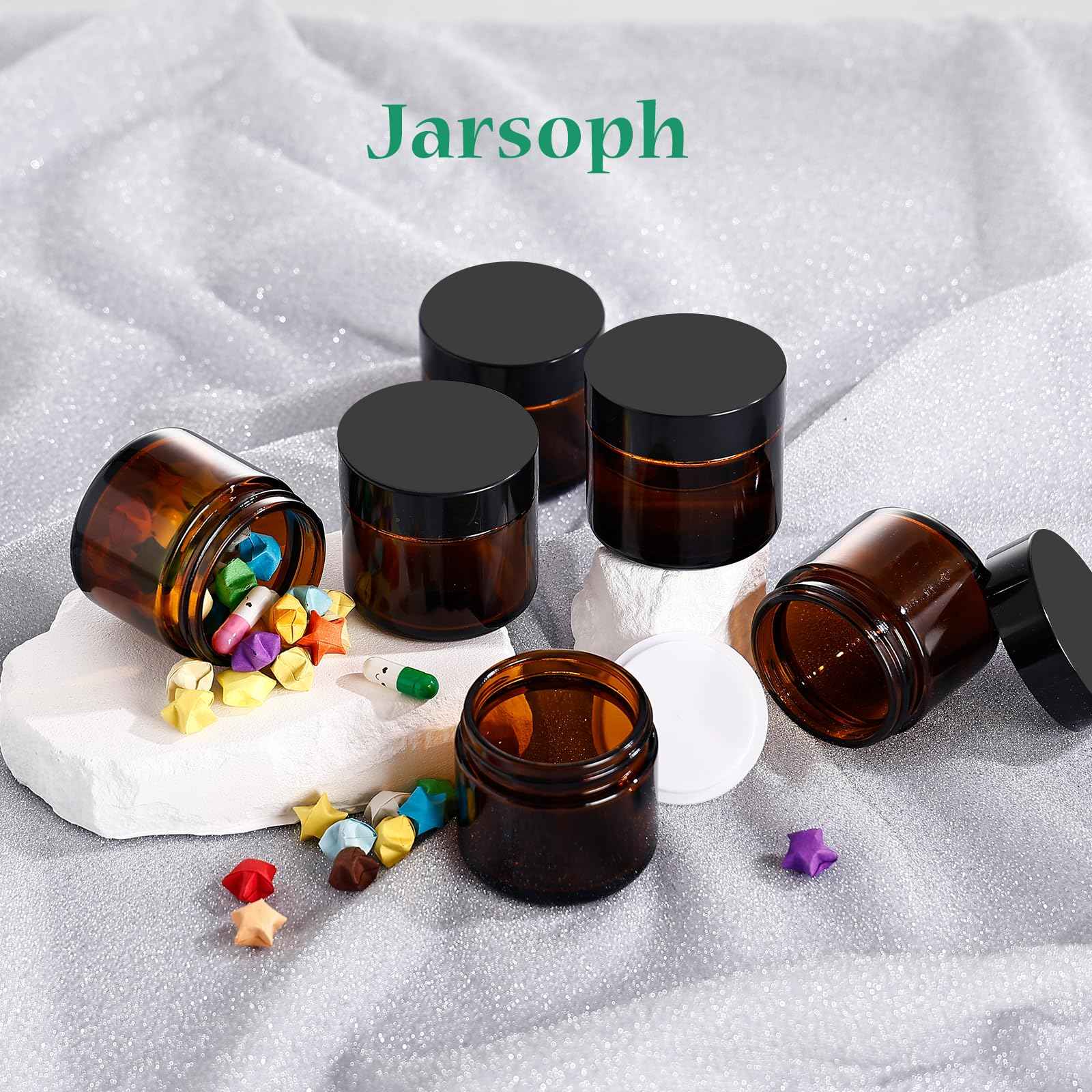Jarsoph Amber Glass Jars with lids, 24 Pack 2oz Empty Cosmetic Jars, Refillable Airtight Wide Mouth Container for DIY, Sample, Cream, Lotion, Candle Making, Powder, Cosmetic