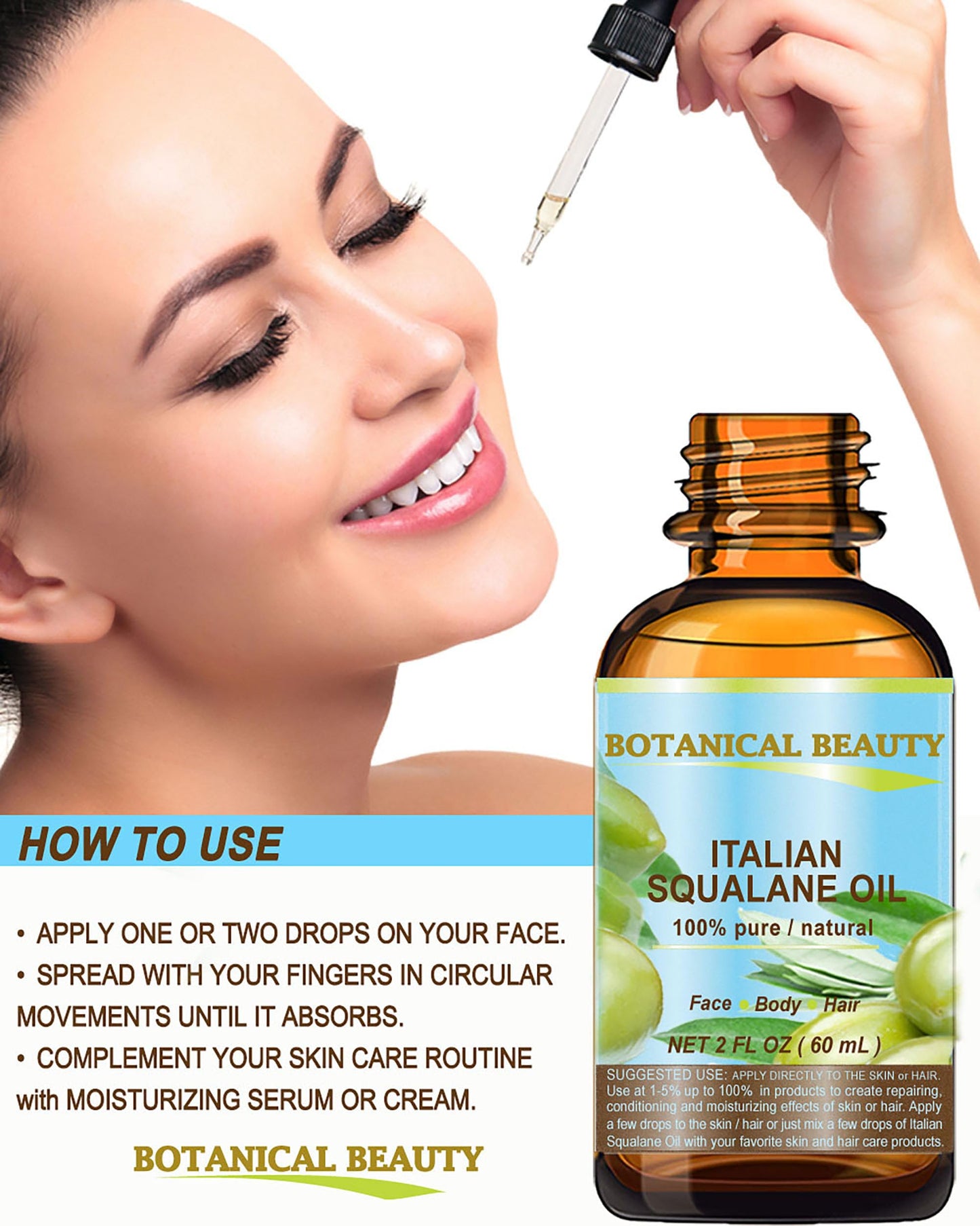 Botanical Beauty SQUALANE Italian Olive. 100% Pure Natural Undiluted Oil. 2 fl.oz- 60ml. 100% Ultra-Pure Moisturizer for Face, Skin, Body, Hair. Reliable 24/7 skincare protection