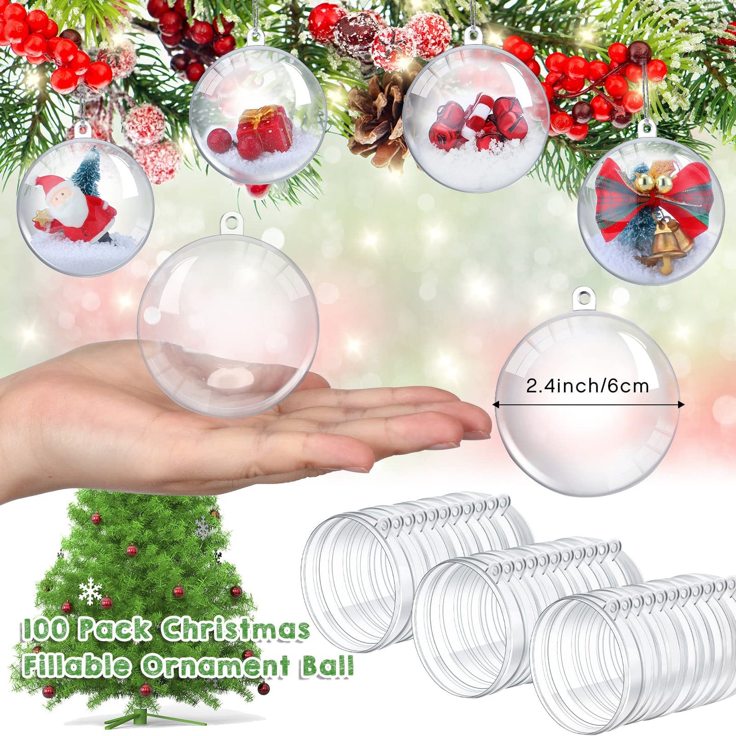 100 Pcs Christmas Fillable Ornaments Ball Clear Christmas Ornaments Filling Christmas Balls Plastic Christmas Ball Ornaments DIY Craft Transparent Ball for Home Party Tree Wedding Decor (2.36 Inch)