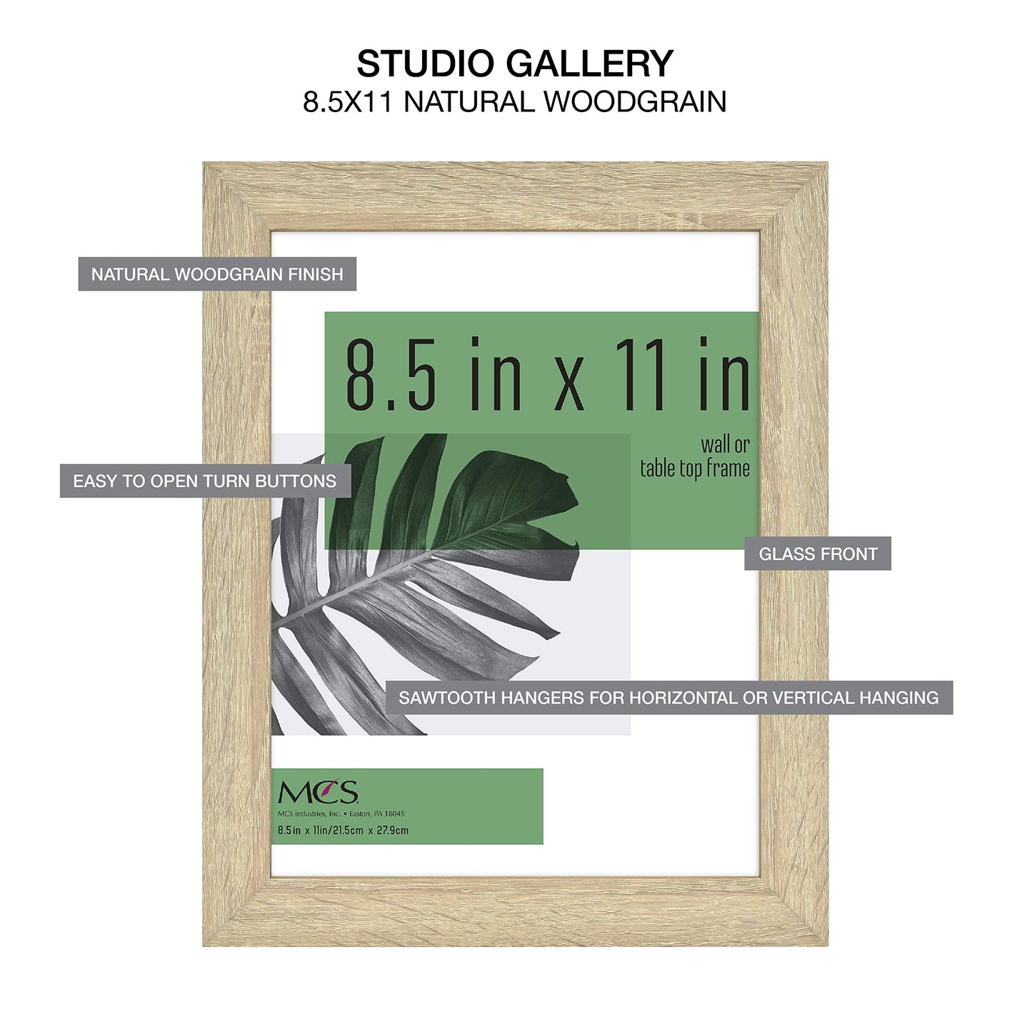 MCS Studio Gallery 8.5x11 Picture Frame Natural Woodgrain, Rectangle Photo Frame for Photos, Posters & Art Prints & Easel for Tapletop Display (1-Pack)