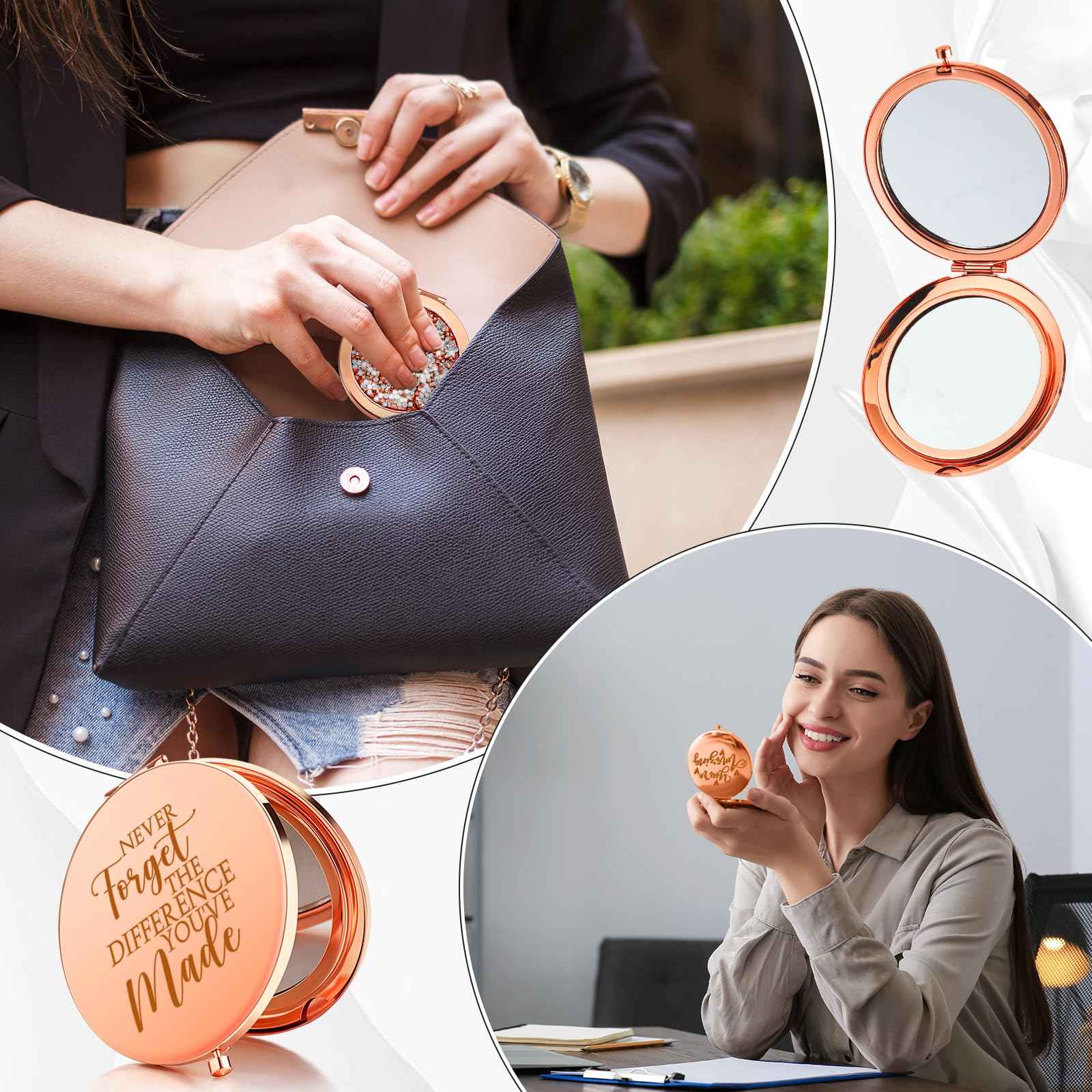Kathfly 10 Pcs Thank You Gifts for Christmas Thanksgiving Women Mom Inspirational Compact Mirror Employee Appreciation Gifts Motivational Magnifying Pocket Mirror for Teachers(Rose Gold)