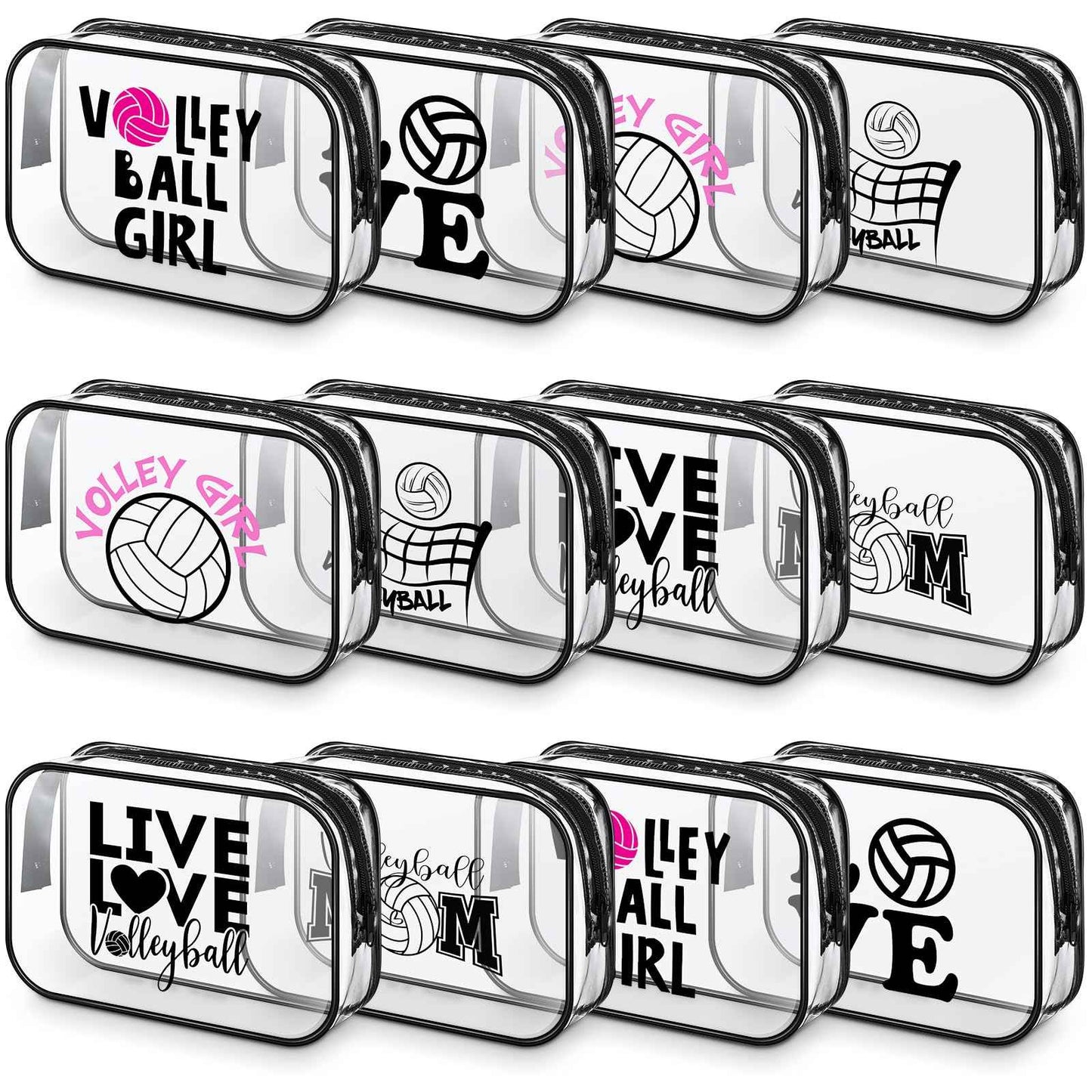 Abbylike 12 Pcs 7 x 4.7 x 2.4'' Cosmetic Bag Gifts Accessories for Makeup Bags Clear PVC Cheer Case Toiletry Zipper Pouch for Women Christmas Xmas (Volleyball Theme)